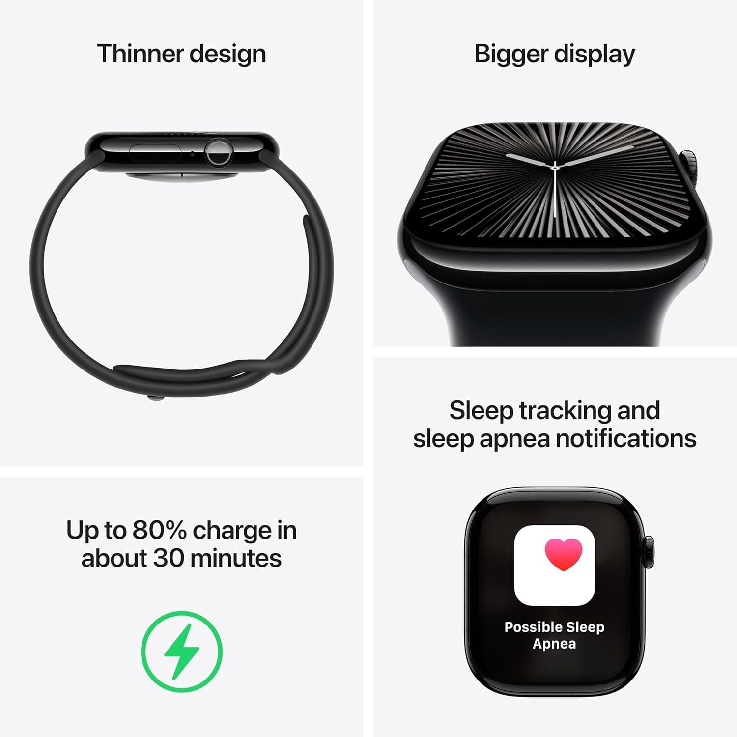 Apple Watch Series 10 [GPS, 46mm] - Jet Black Aluminum Case with Black Sport Band, M/L (Renewed) - Image 3