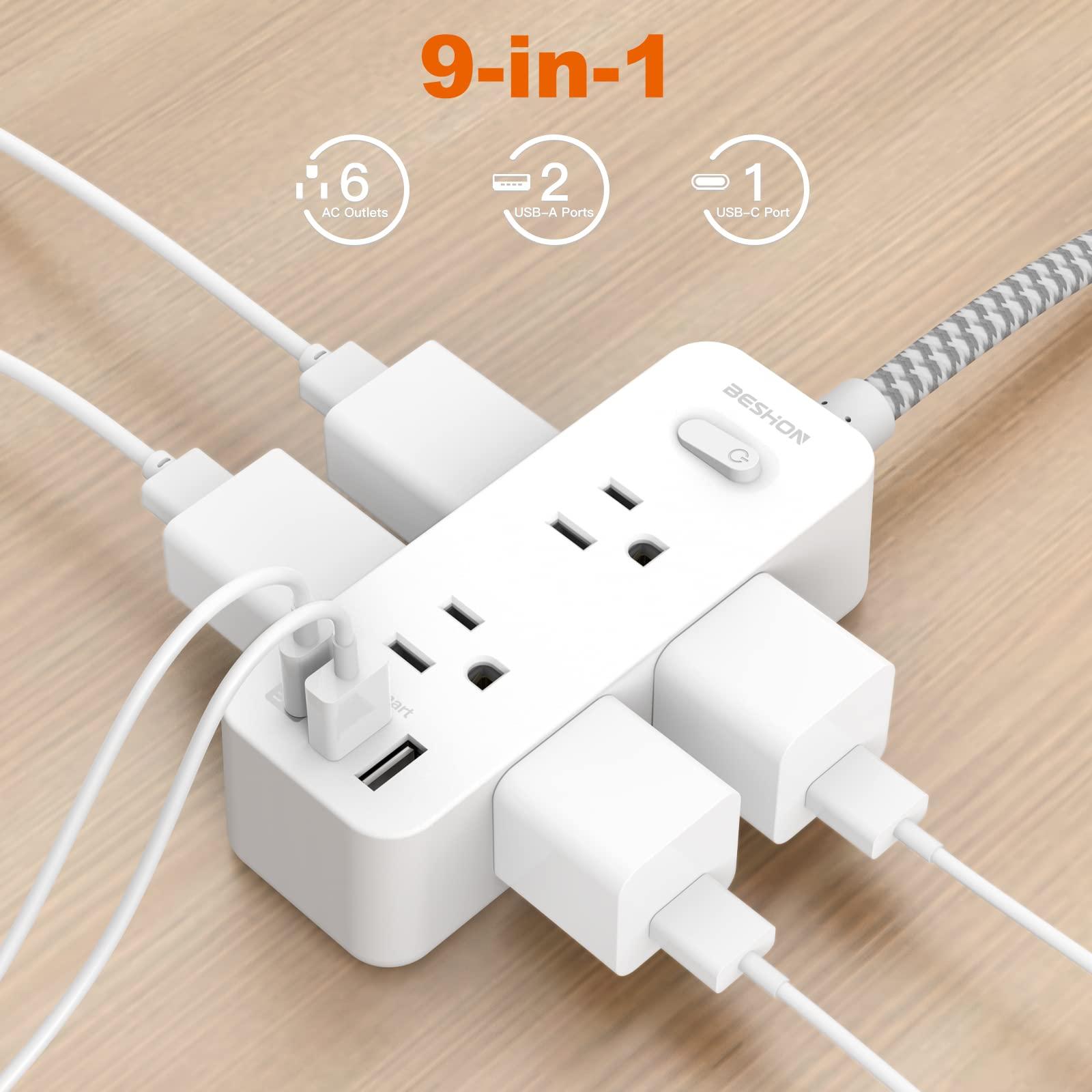 Power Strip Surge Protector, BESHON 5Ft Extension Cord, 6 Outlets with 3 USB Ports(1 USB C Outlet), 3-Side Outlet Extender, Wall Mount, Compact for Travel, Home, School, College Dorm Room and Office - Image 2