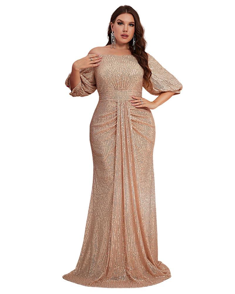 Women's Plus Size Off Shoulder Puff Sleeve Sequin Formal Maxi Dress Evening Party Gowns