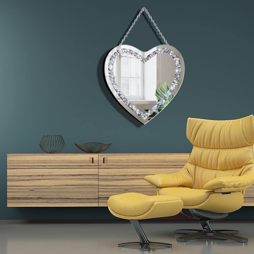 DMDFIRST Crystal Crush Diamond Heart Shaped Silver Mirror with Silver Stainless Steel Chain for Wall Decoration 12x12x0.5 inch Frameless Glam Mirror - Image 2