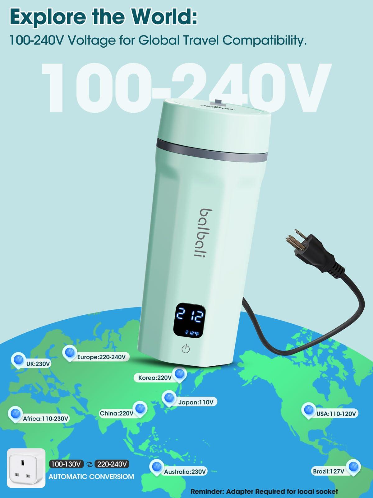 balbali 18.6oz Portable Kettle for Travel 100-250V Dual Voltage for International/Global/Europe - 6 Preset Travel Electric Kettle Hot Water Boiler/Heater/Warmer/Tea Maker - Green - Image 2