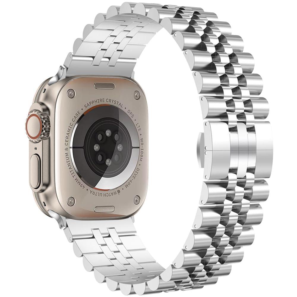 baozai Compatible with Apple Watch Band Ultra 2 Ultra 46mm 45mm 44mm, iWatch Series 10-1 SE Stainless Steel Strap with Butterfly Folding Clasp for Men, Silver - Image 2