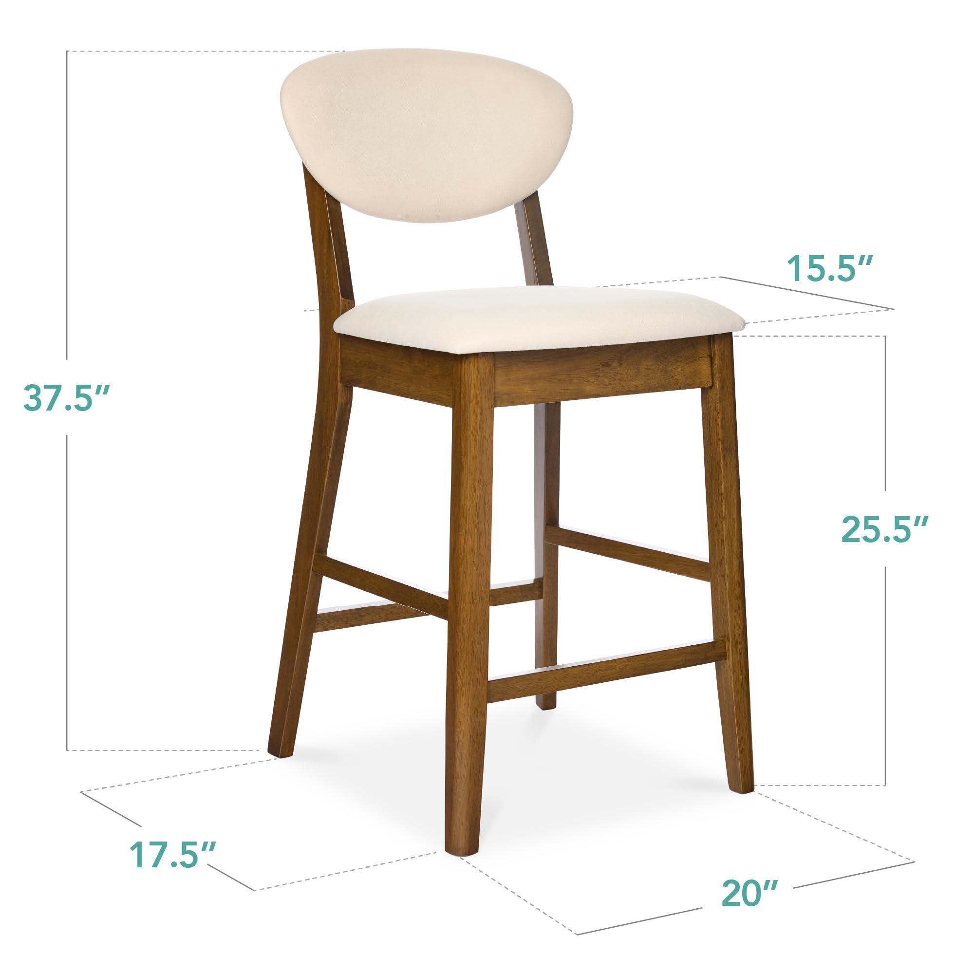 Best Choice Products Bar Stool Set of 2, Mid-Century Modern Upholstered Wood, Armless Counter Height w/Seat Cushion, Backrest - Walnut/Cream - Image 3