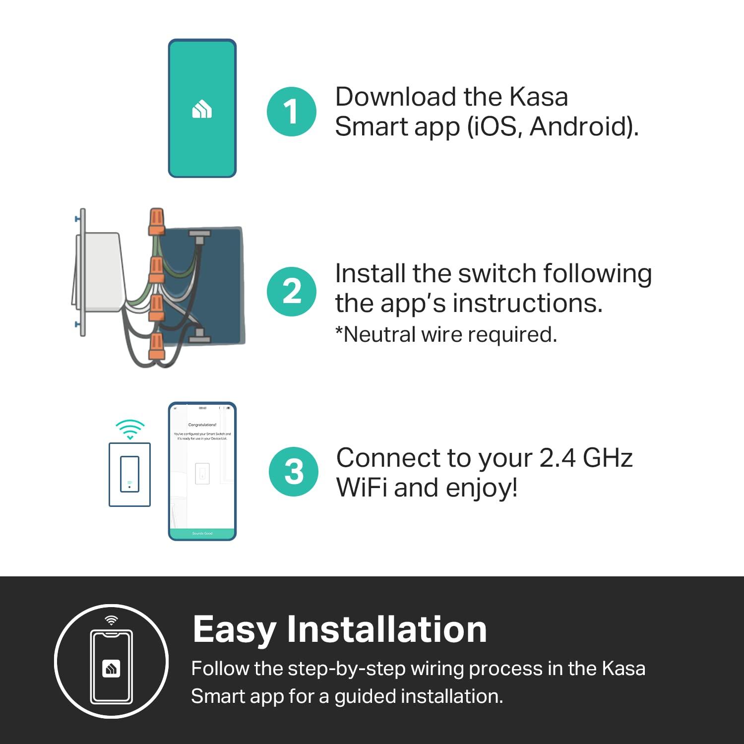 Kasa Apple HomeKit Smart Light Switch KS200P3, Single Pole, Neutral Wire Required, 2.4GHz Wi-Fi Light Switch Works with Siri, Alexa and Google Home, UL Certified, No Hub Required, White, 3-Pack - Image 7