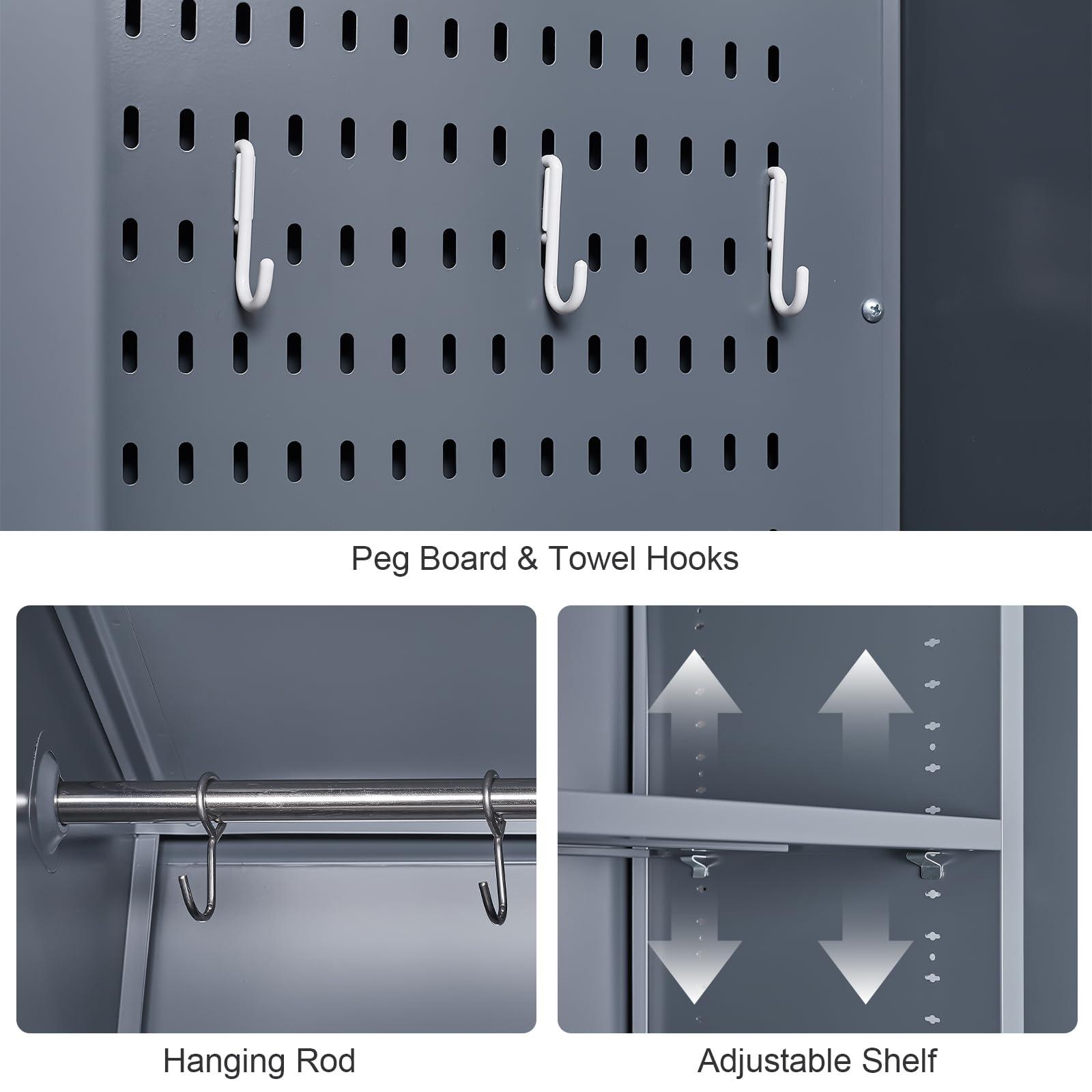 GREATMEET 72.8" H Utility Closet, Broom Closet Storage Cabinet with Adjustable Shelves and Pegboard, Utility Cabinet for Brooms and Mops, Grey-White - Image 5