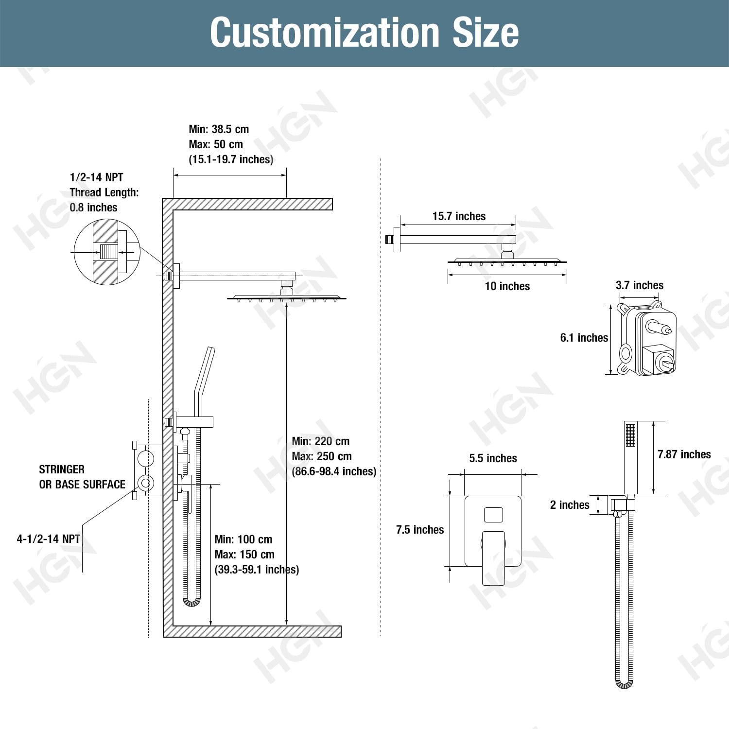 HGN 10 Inches Bathroom Rain Shower Combo Set Wall Mounted Rainfall Brushed Nickel Shower Head System Rough-in Valve Body and Trim Included - Image 7