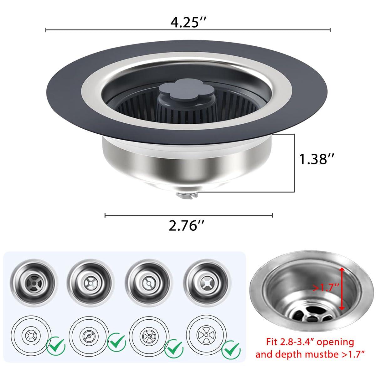 WSYLEN 3 in 1 Kitchen Sink Drain Strainer and Stopper Combo, Stainless Steel Pop Up Kitchen Sink Stopper, Sink Drain Strainer for Standard 3-1/2 Inch Drain - Image 2
