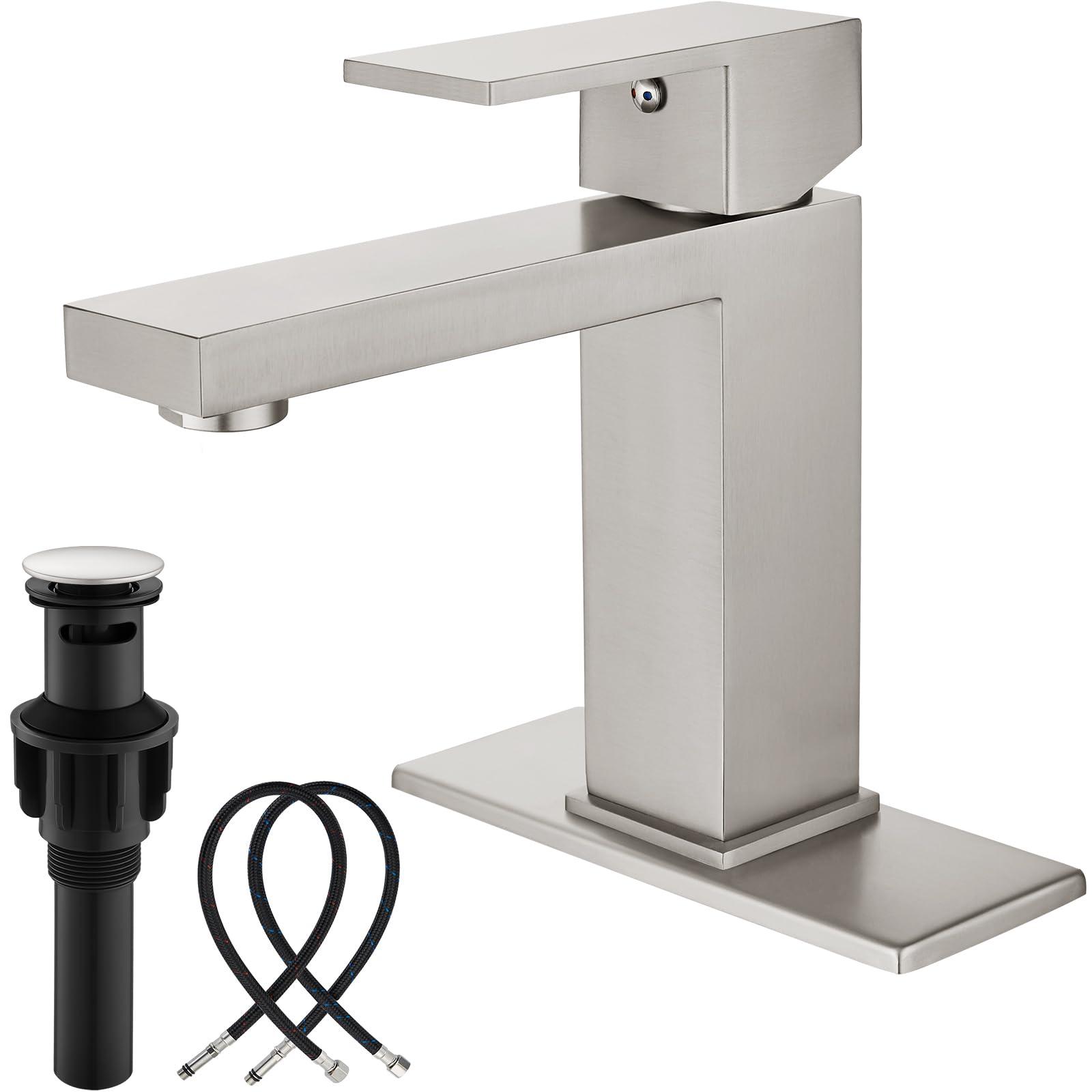 Midanya Bathroom Faucet 1 Hole, Single Handle Stainless Steel Bathroom Sink Faucet, Modern Vanity Faucets with Deck Plate,Water Supply Hoses and Pop Up Drain,Brushed Nickel
