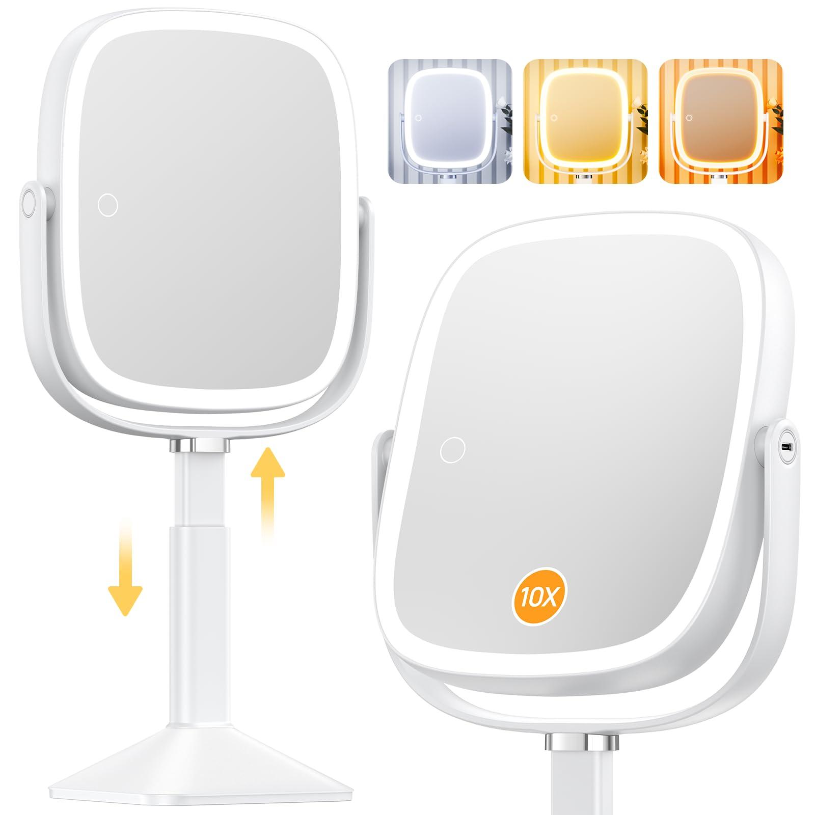 Gospire Rectangle Lighted Makeup Mirror with Magnification, 10X Magnifying Mirror with Lights 3 Color, Height Adjustable and 4000mAh Battery for Bedroom Bathroom, Large Surface for Women or Men- White