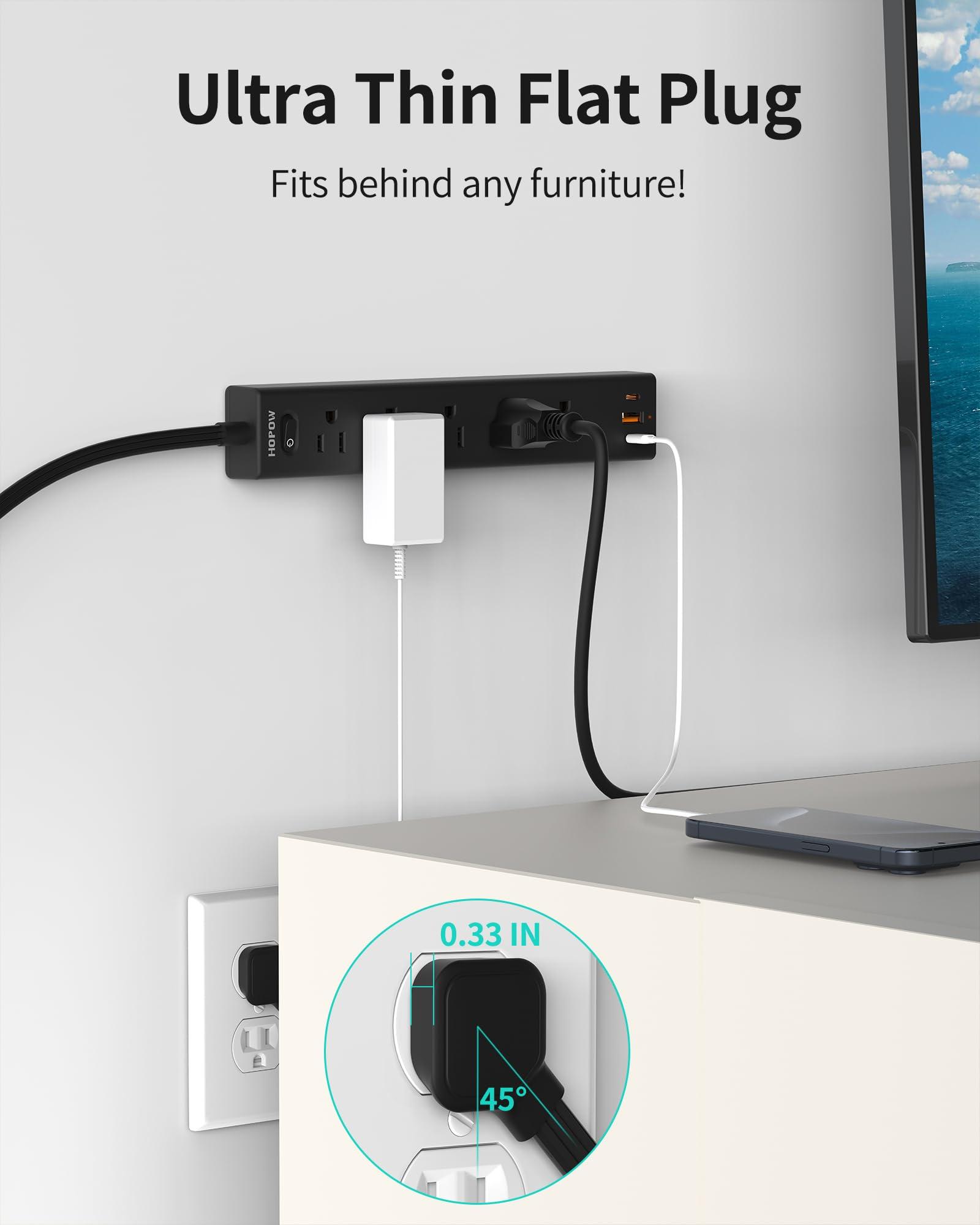 HOPOW Power Strip Surge Protector, 2 Pack, 10 Ft Ultra Thin Flat Extension Cord, Surge Protector with 5 Outlets & 3 USB Ports (2 USB C), 1700 Joules, 3-Prong, Wall Mount for Home Office Dorm, Black - Image 2