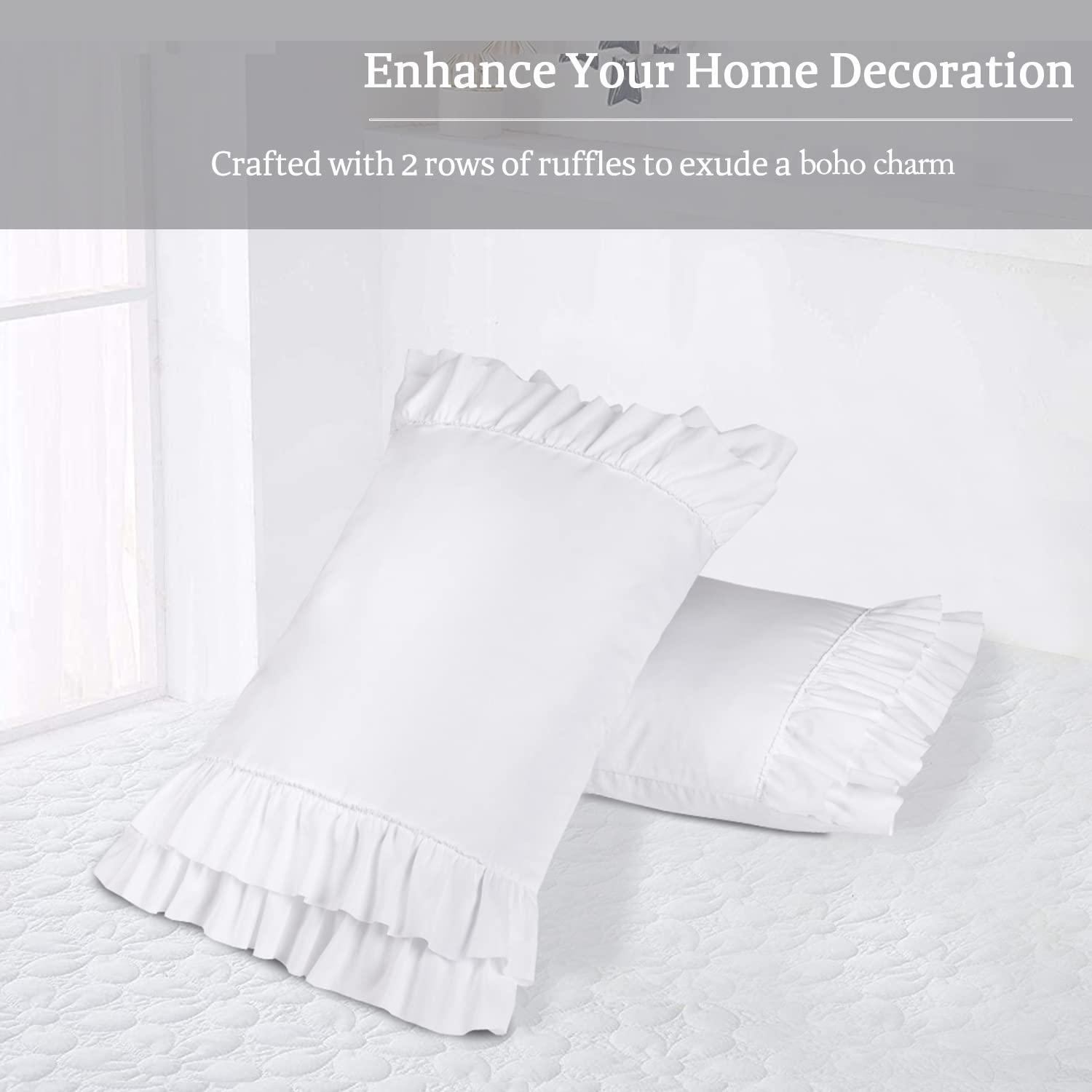 HIG Pack of 2 Farmhouse Ruffle Pillow Shams, Standard Size White French Country Style Vintage Pillowcases with Handcraft Ruffle, Boho Frilly Pillow Shams for Bedroom, Microfiber, 20" X 26" (Emory) - Image 2