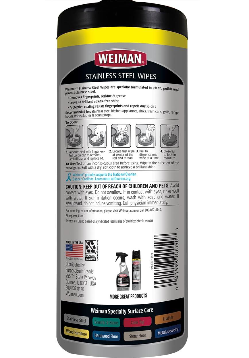 Weiman Stainless Steel Cleaner, 30 Count Cleaning Wipes, Removes Dirt, Grime, and Grease, No Streaks or Residue, Stainless Steel Polish for a Sparkling Clean and Shiny Surface, Cleaning Supplies - Image 2