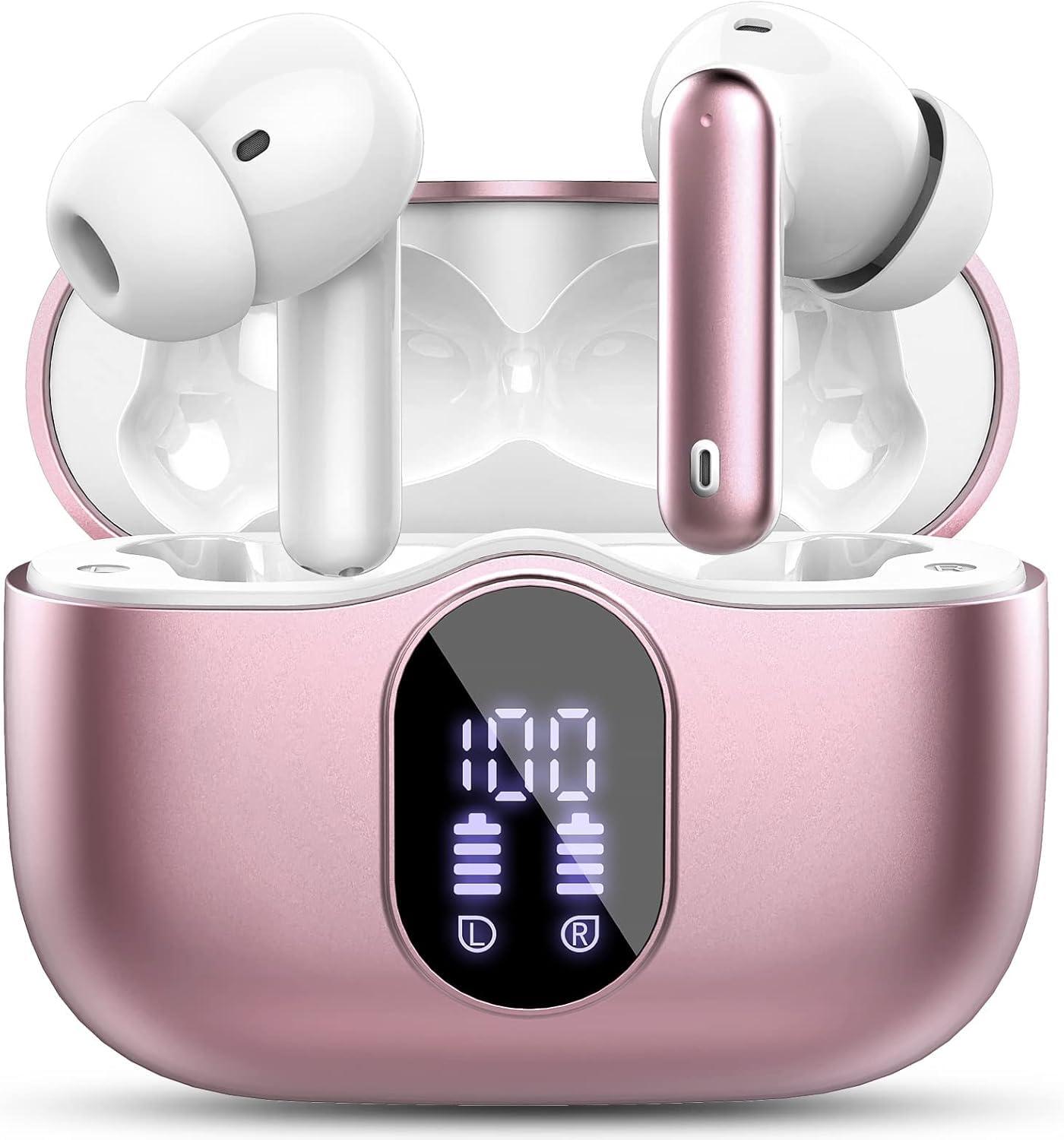 Wireless Earbuds Bluetooth 5.4 Headphones Bass Stereo Ear Buds with Noise Cancelling Mic LED Display in Ear Earphones IP7 Waterproof 36H Playtime for Laptop Pad Phones Sports Workout Rose Gold