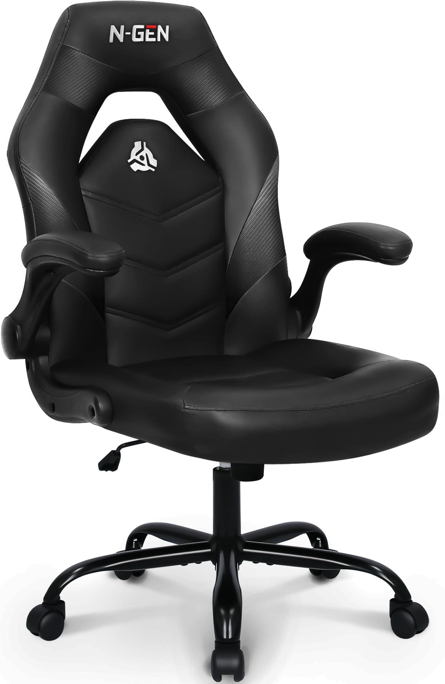N-GEN Video Gaming Chair Ergonomic Computer Desk Office Chair with Lumbar Support Adjustable Height Swivel Wheels Flip-Up Arms PU Leather Home and Office (Black)