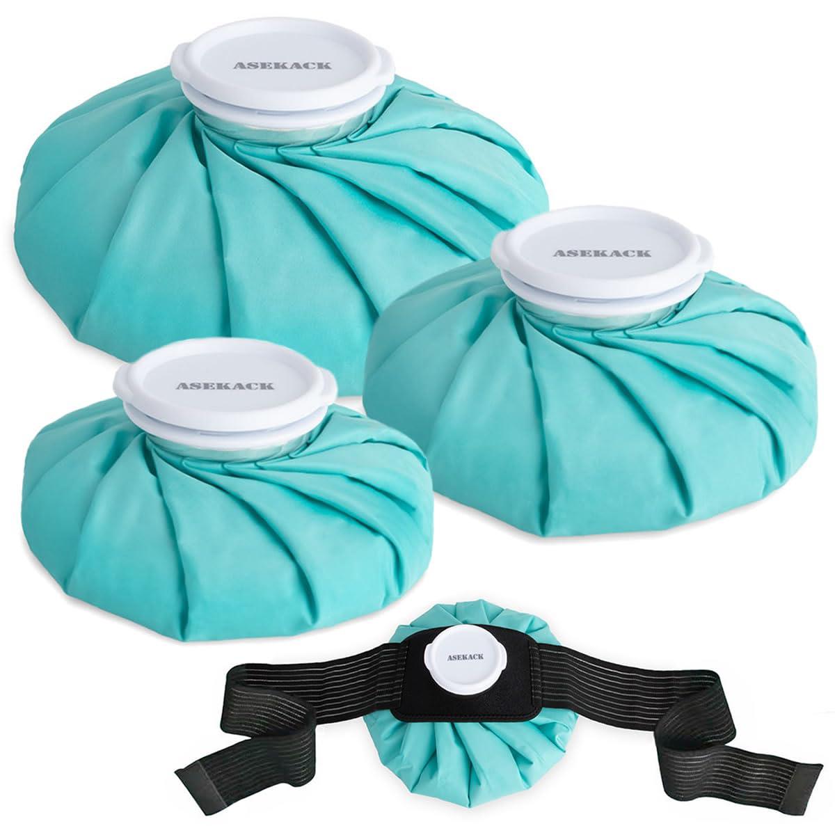 ASEKACK Ice Bags for Injuries, Thickened Ice Packs for Injuries Reusable, Hot & Cold Therapy for Pain Relief, Sports Injuries, No-Leak Cold Packs, 3 Size (6" 9" 11") (Set with Wrap)
