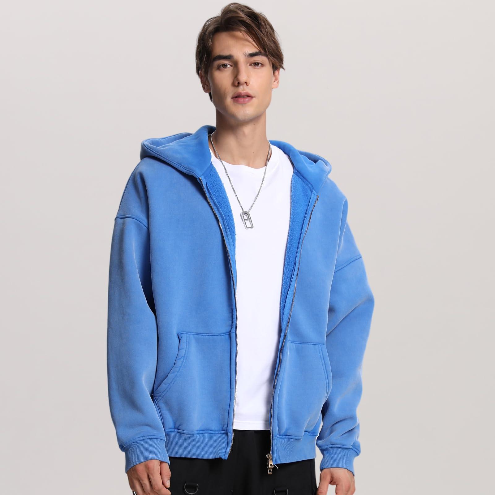 FAIABLE Mens Womens Double Zip Up Hoodie Oversized Acid Wash Heavyweight Fleece Cotton Zipper Hoodie Vintage - Image 2