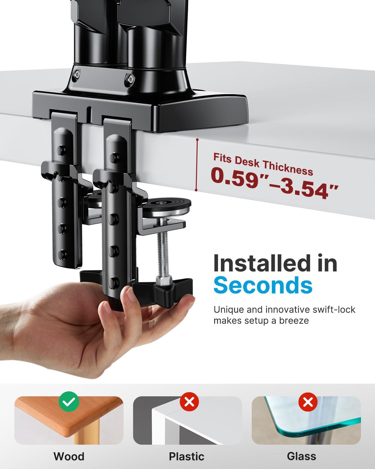 HUANUO Dual Monitor Stand - Full Adjustable Monitor Desk Mount Swivel Vesa Bracket with C Clamp, Grommet Mounting Base for 13 to 32 Inch Computer Screens - Each Arm Holds 4.4 to 19.8lbs - Image 4