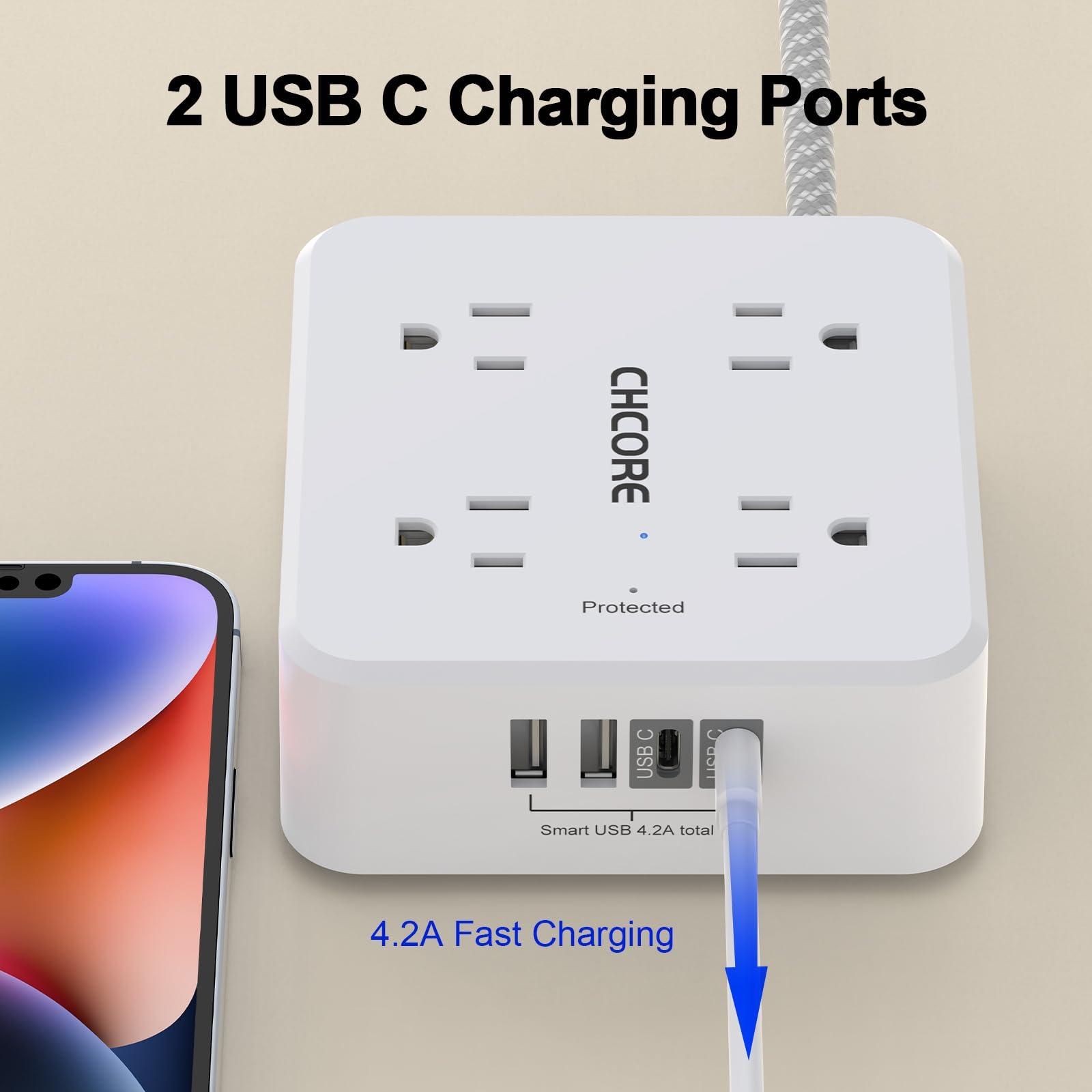 Surge Protector Power Strip - CHCORE 5Ft Braided Extension Cord with 8 Outlets with 4 USB (2 USB C) Charging Ports, Flat Plug Multi Plug Outlet Extender Charging Station for Home Office, ETL, White - Image 3