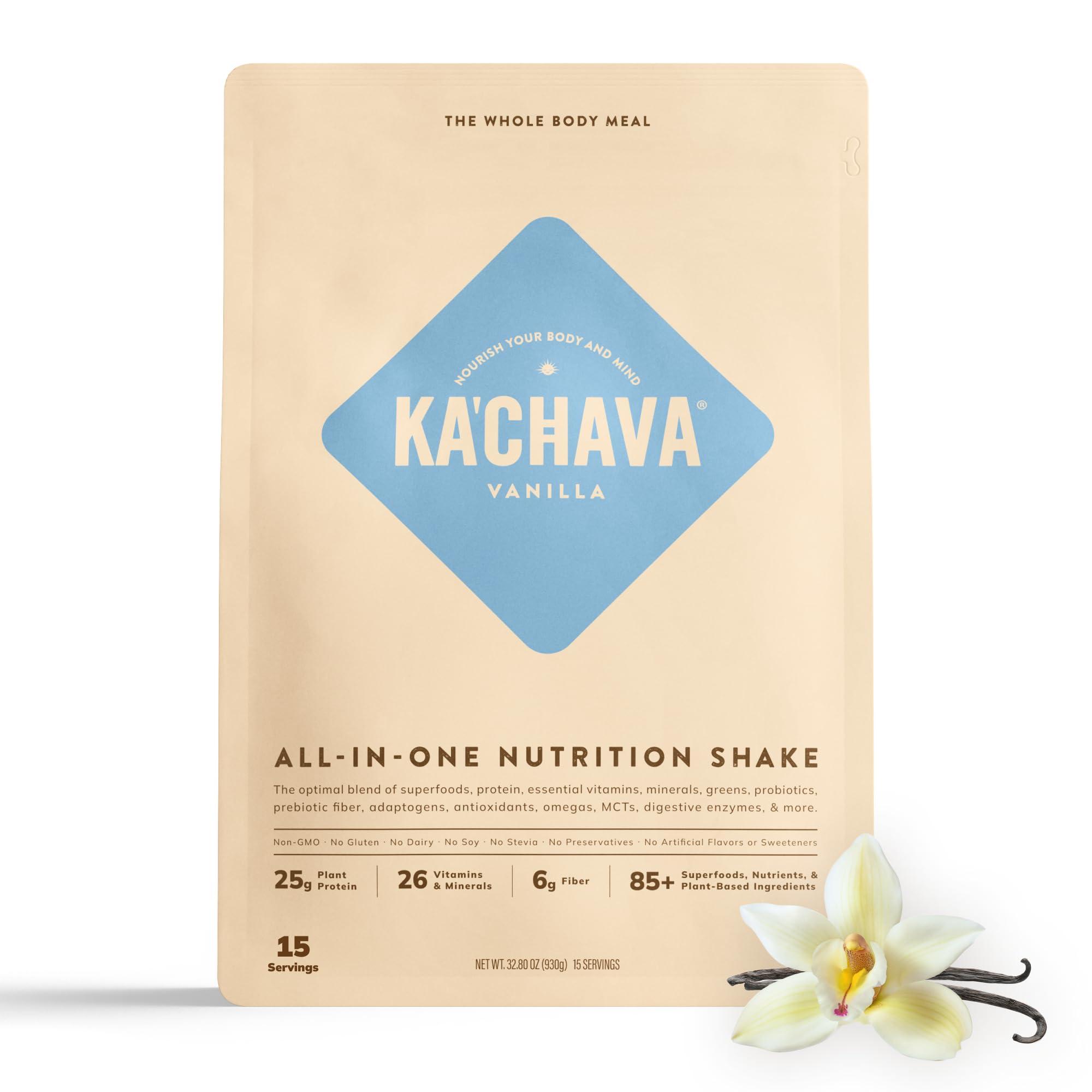 Ka’Chava All-In-One Nutrition Shake Blend, Vanilla, 15 Servings, 85+ Superfoods & Nutrients, Meal Replacement, Greens Plant-Based Superfood Powder Protein Drink, Digestive Enzymes & Probiotics, Vegan Dairy Gluten Free