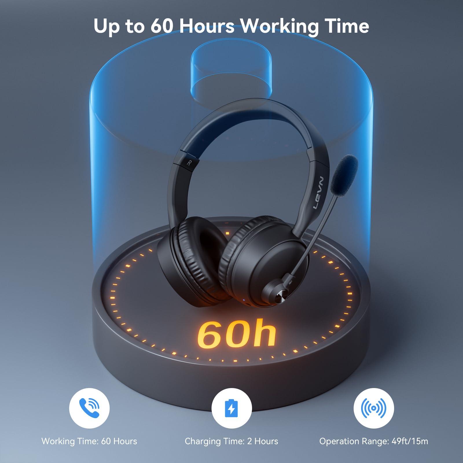 LEVN Bluetooth Headset with Mic & Mute Button, 60 Hrs Noise Cancelling Wireless Headset with Multipoint Connect to Cell Phone/Tablet/PC/Laptop - Image 4