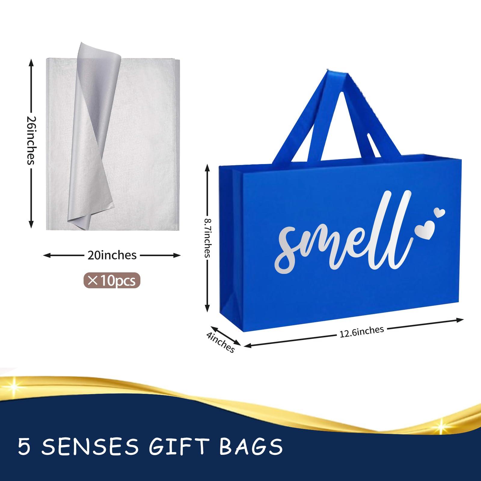 YIXAXKAO 5 Senses Gift Bags Five Senses Gift Bags with Tissue Paper Kraft Paper Bag with Ribbon Handles for Anniversary, Valentine's Day, Birthday for Him Husband Boyfriend (Blue Silver) - Image 2