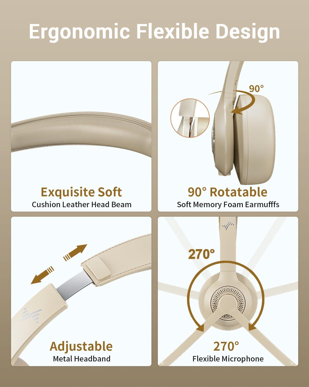 JIAMQISHI Wireless Headset with AI Noise Cancelling Microphone Bluetooth Headset - Bluetooth V5.2 Headphones with USB Dongle & Mic Mute for Computer/Laptop/PC/iPhone/Android/Cell Phones/Zoom-Apricot - Image 6