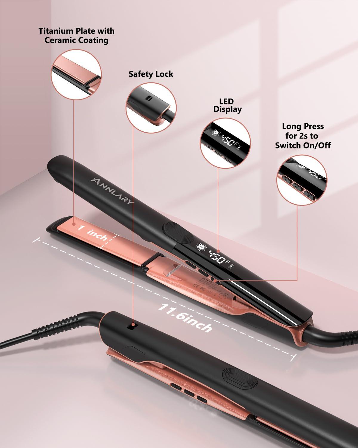 Annlary Hair Straightener, 1 Inch Flat Iron Straightener and Curler 2 in 1, Titanium Ceramic Ionic Dual Voltage Straightener with Anti-Iron Silicone for Less Frizz, Shinier & Smoother Hair - Image 6