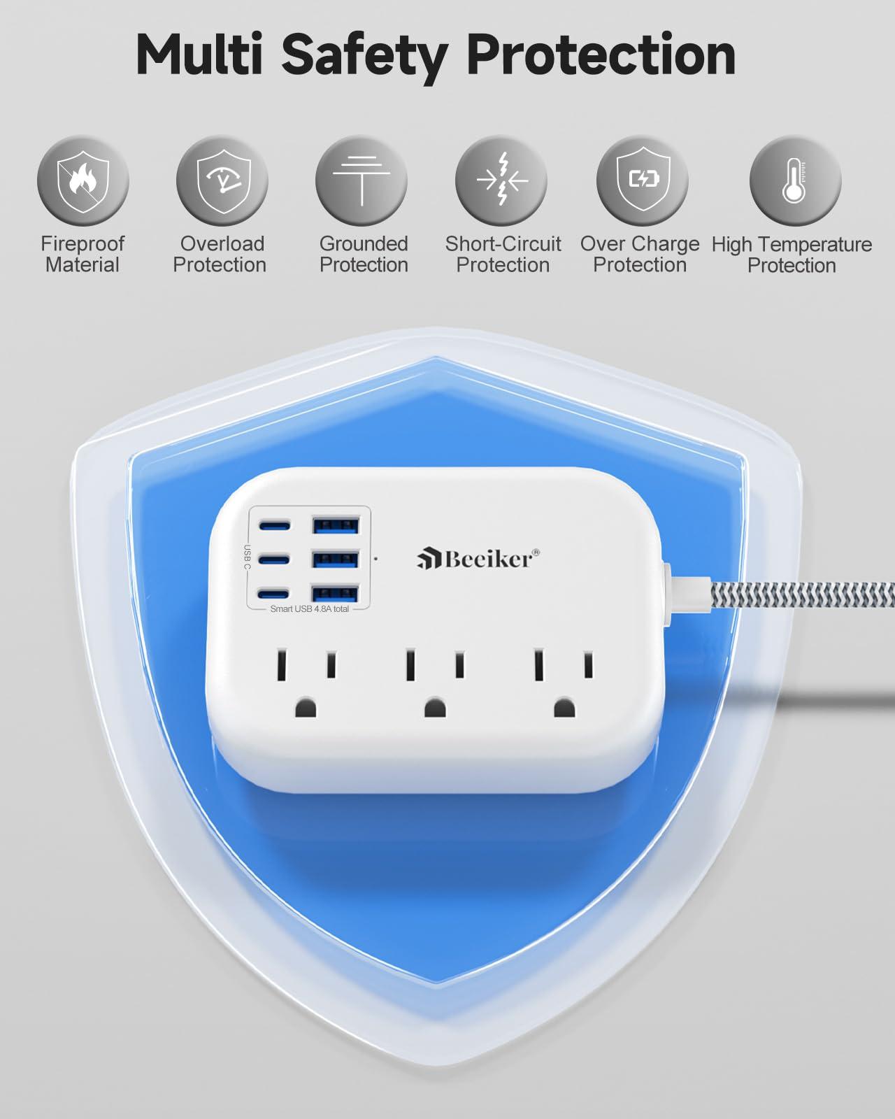 6 USB(3 USB C) Power Strip- Travel Power Strip with 6 USB Desktop Charging Station 24W/4.8A and 3 Outlets, 5Ft Flat Plug Braided Extension Cord, Non Surge Protector for Cruise Ship Travel Office Dorm - Image 6