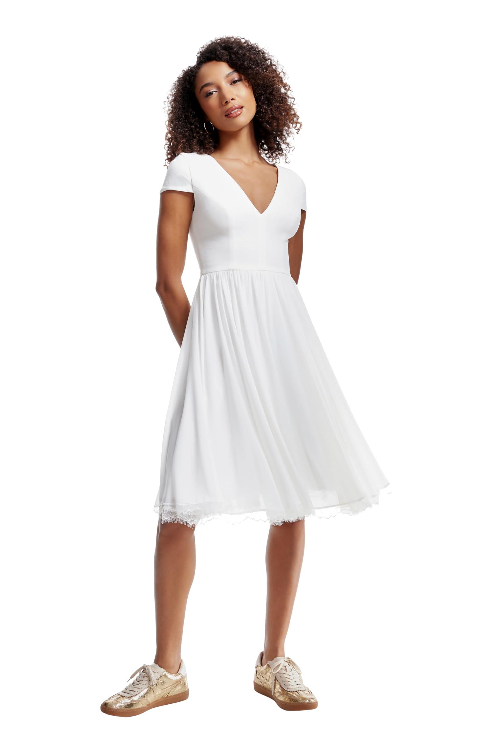 Dress the Population Women's Corey Plunging Mix Media Cap Sleeve A-line Midi Dress