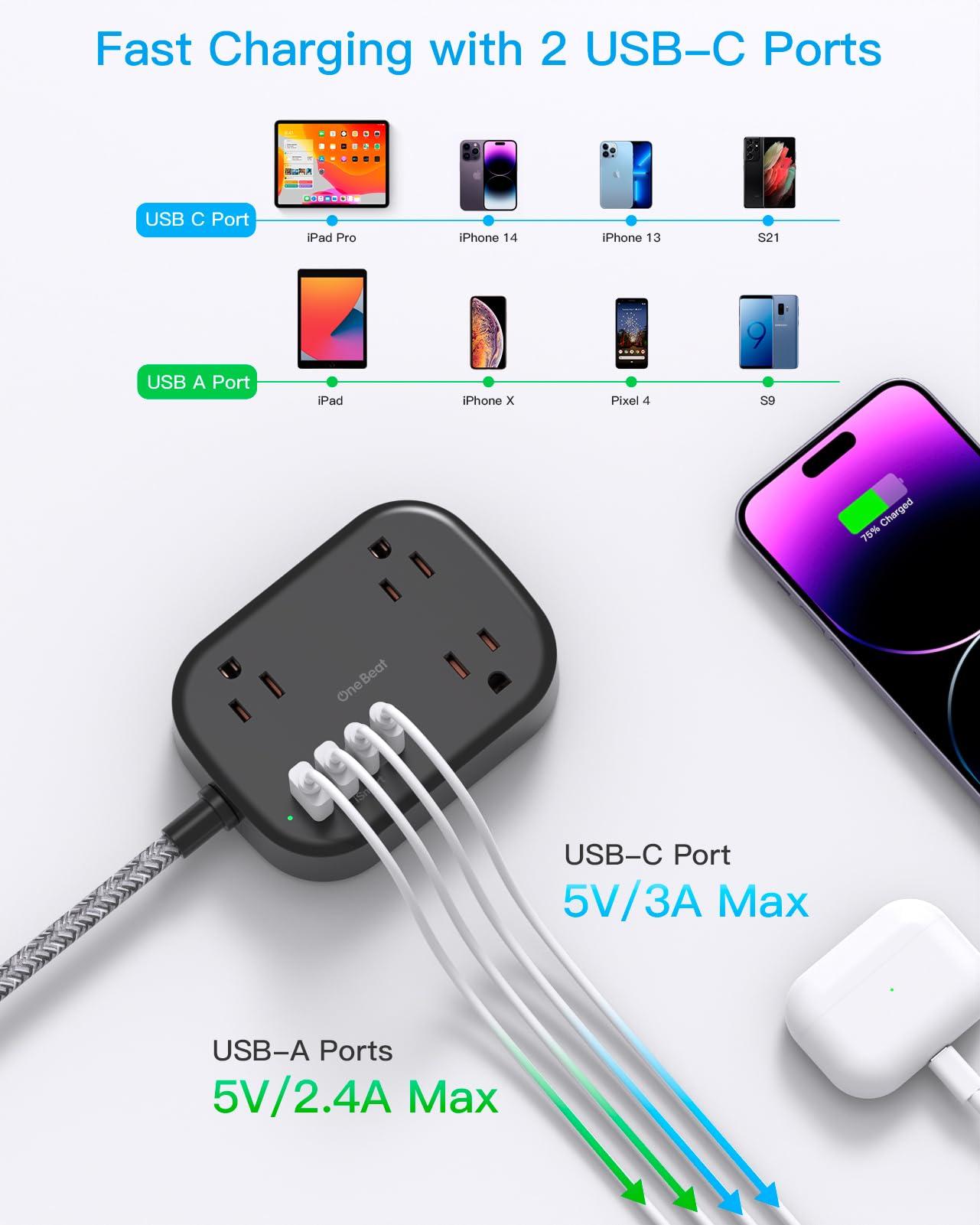 One Beat Cruise Ship Essentials,Travel Power Strip with USB C,Flat Plug Extension Cord with 3 Outlets 4 USB Ports(2 USB C),5 ft Desk Wall Outlet Extender,Non Surge Protector for Cruise,Dorm, Black - Image 5
