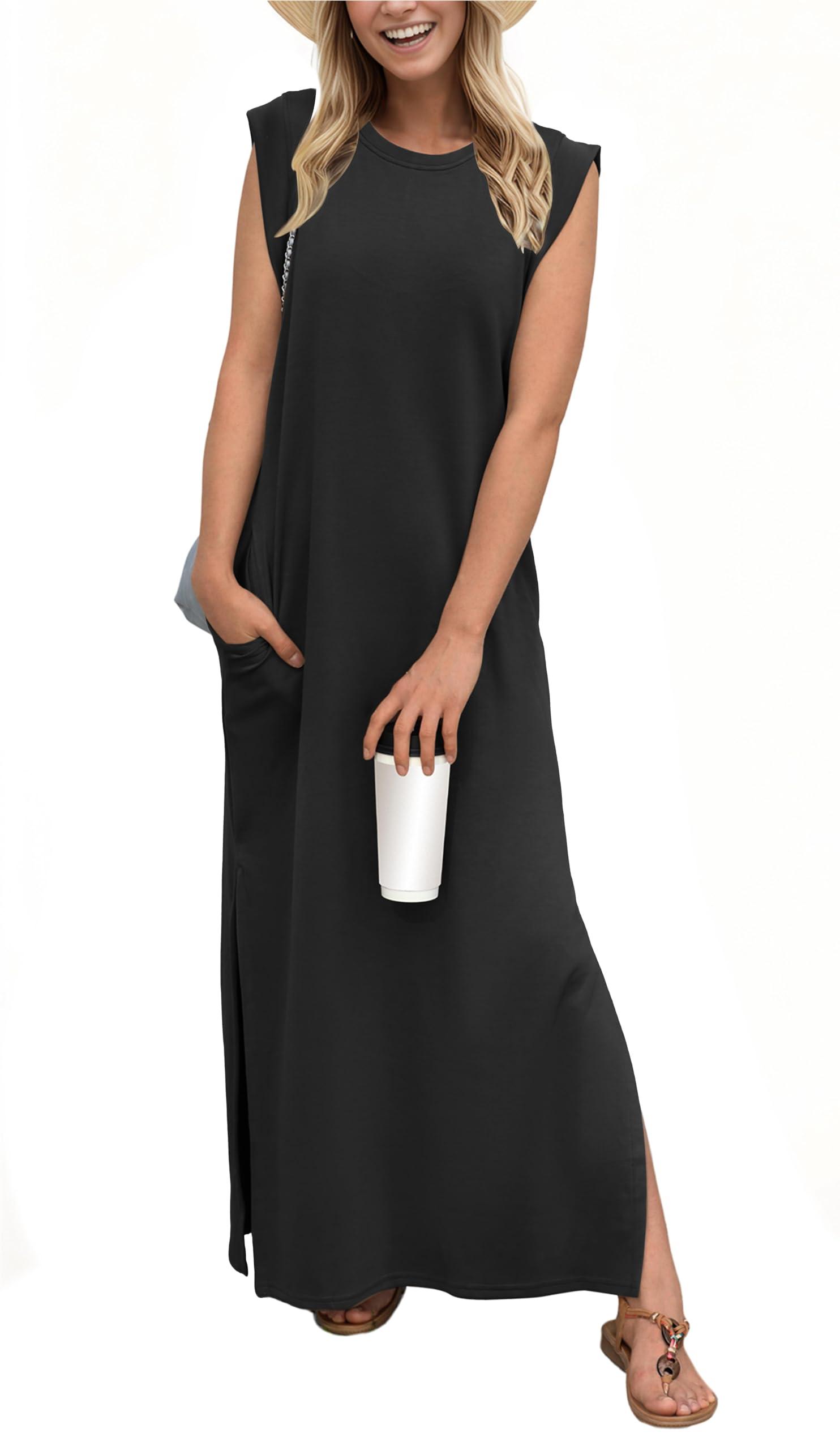 GRECERELLE 2025 Women Year-Round Casual Round Neck Loose Split Wrinkle-Free Long Maxi Vacation Dress with Pockets (XS-3XL)