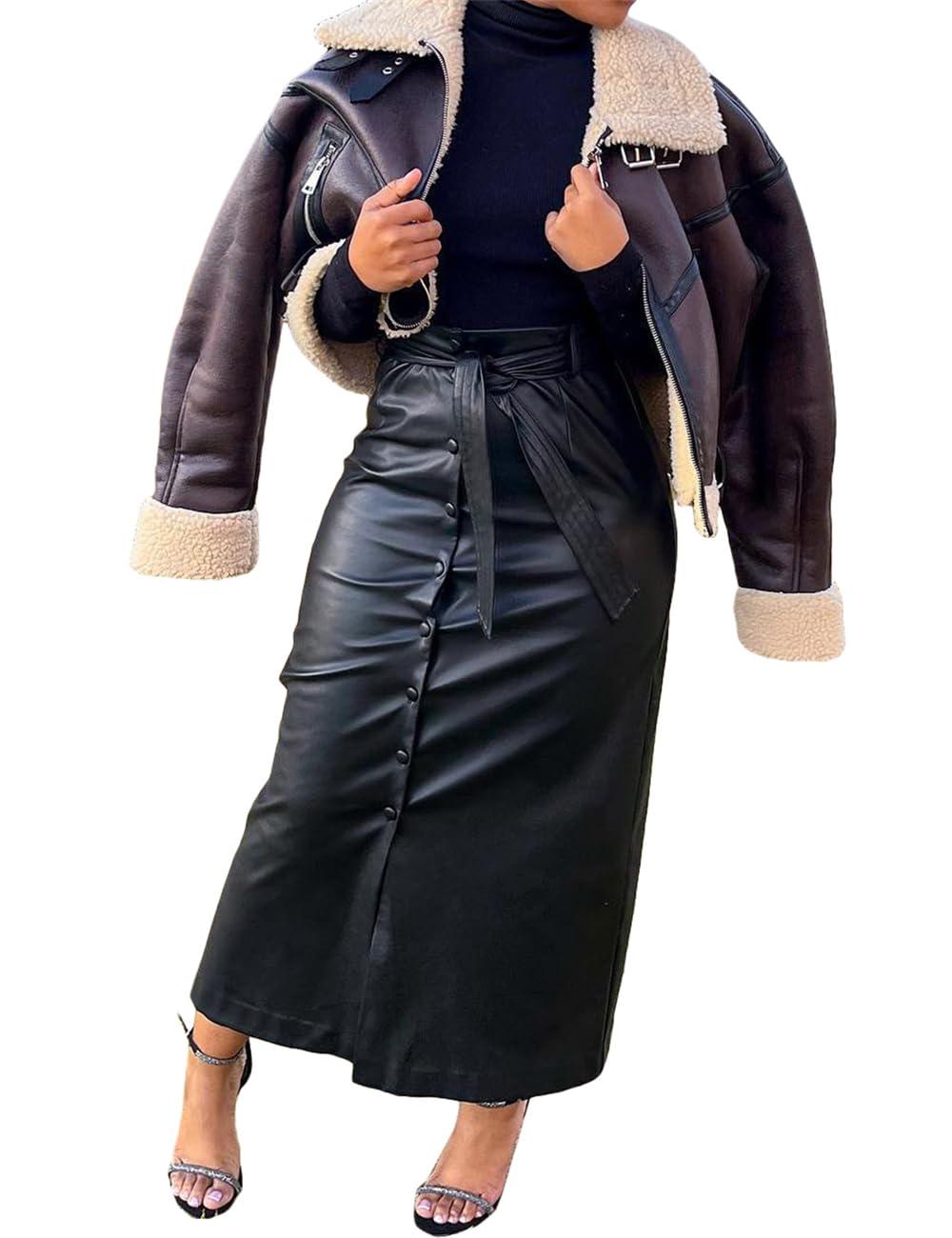Shiyinvie Women Button Down Front Slit Faux PU Leather Maxi Long Skirt with Belt - Image 3