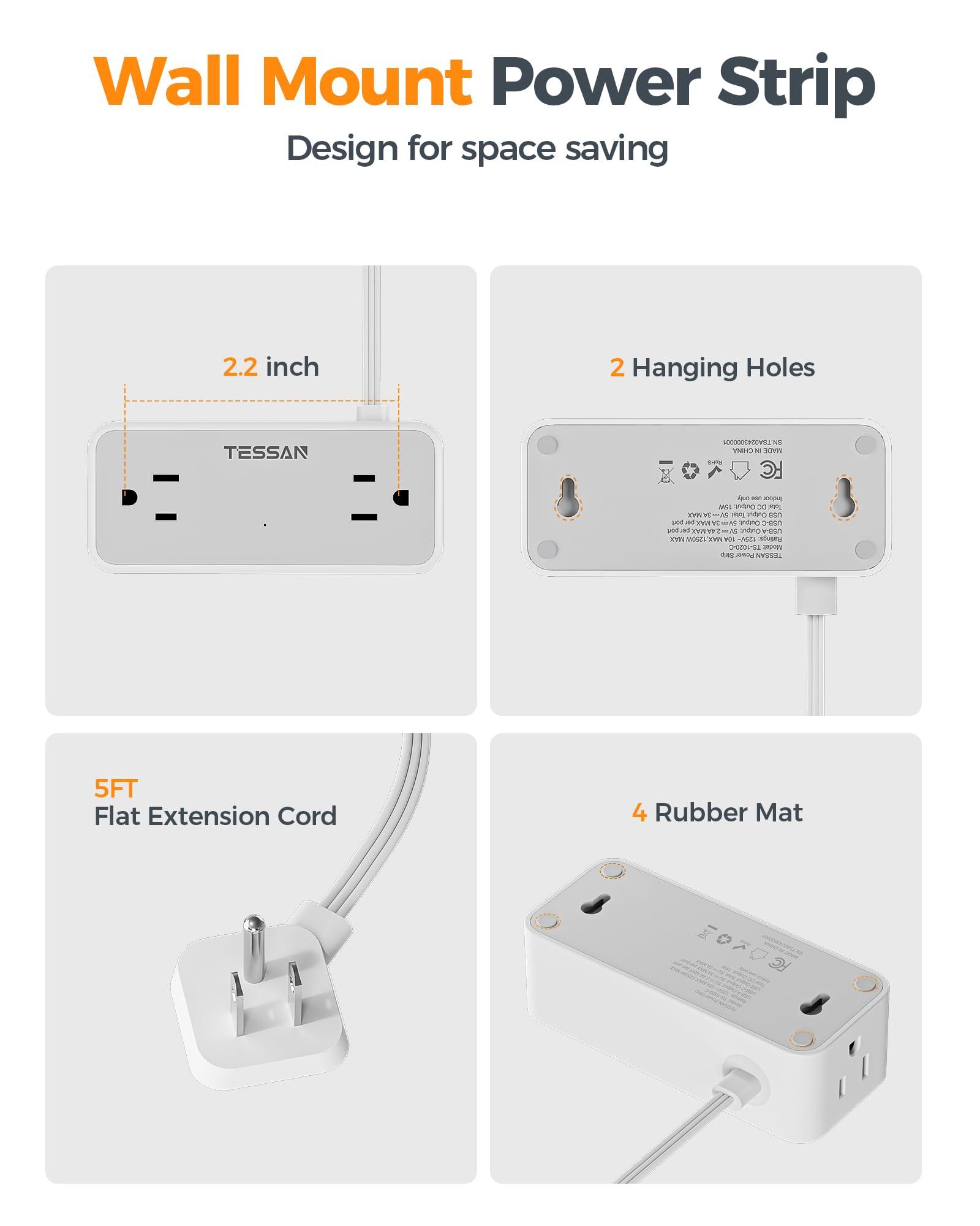 Flat Plug Extension Cord 5 FT, TESSAN Surge Protector Power Strip with 4 AC Outlets 1 USB C and 2 USB A Ports, 900 Joules Protection, Multiple Wall Outlet Extender Suitable for Home Office Dorm - Image 7