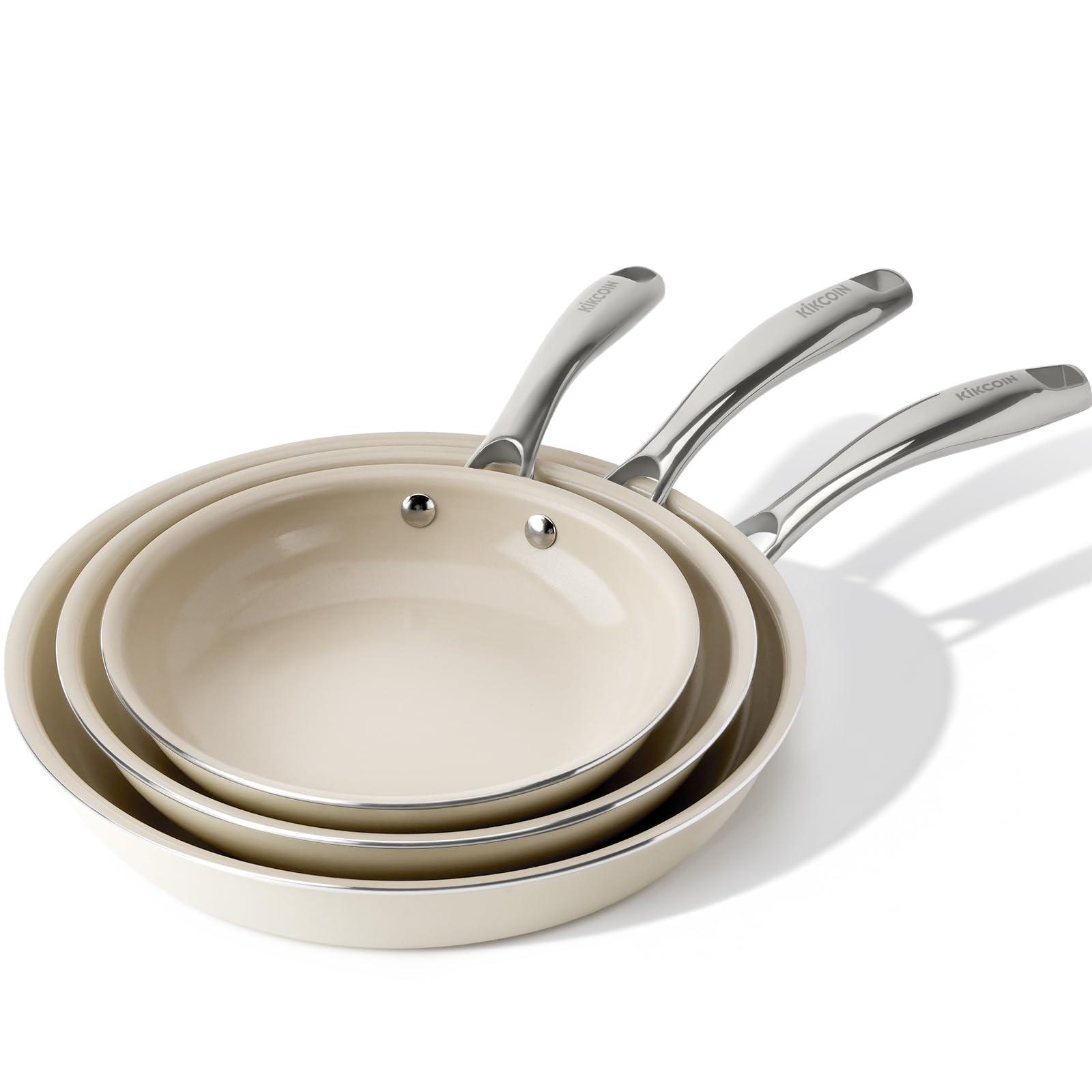 Kikcoin Ceramic Nonstick Frying Pans Set, Healthy Non Toix Pans for Cooking, 8" 9.5" 11" Ceramic Frying Pans and Skillet with Stay Cool Handle, Dishwasher/Oven Safe, PFAS & PTFE & PFOA Free
