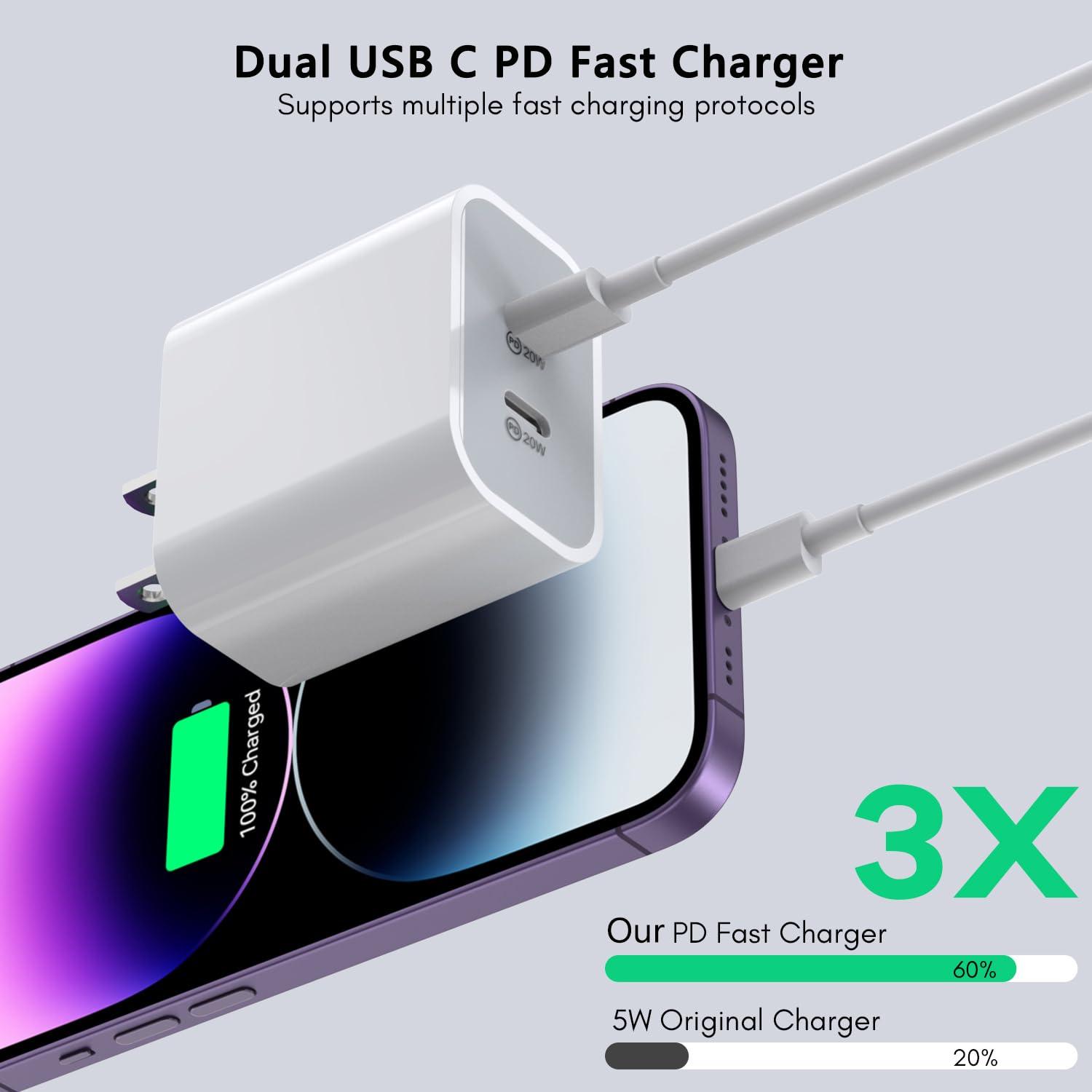 iPhone Charger [Apple MFi Certified] 2Pack PD Dual USB C Charger Block Fast Charging Wall Charge Plug with 10FT Long Rapid Type C - Lightning Cable Apple Charge for iPhone 14/13/12/11/XS/XR/SE, iPad - Image 2