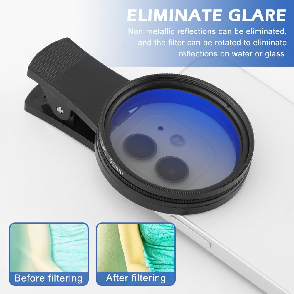 52MM Clip-on CPL Phone Camera Lens Filter Kit, Clip On Polarizer Phone Camera Lens Accessories Ultra Slim Phone Camera Lens Filter with Cleaning Cloth Works with Most Smartphones(Black) - Image 7
