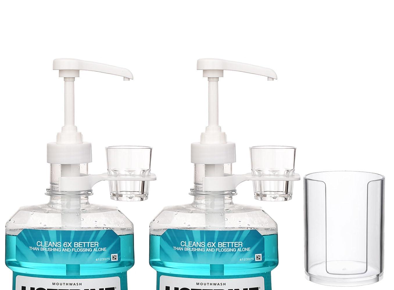 Dispenser Pumps for Listerine 1 or 1.5 Liter Mouthwash Bottles with Cup Holders, Resuable Cups and Clear Plastic Paper Cup Dispenser - Fits Total Care, Original, Zero Alcohol, Cool Mint, etc