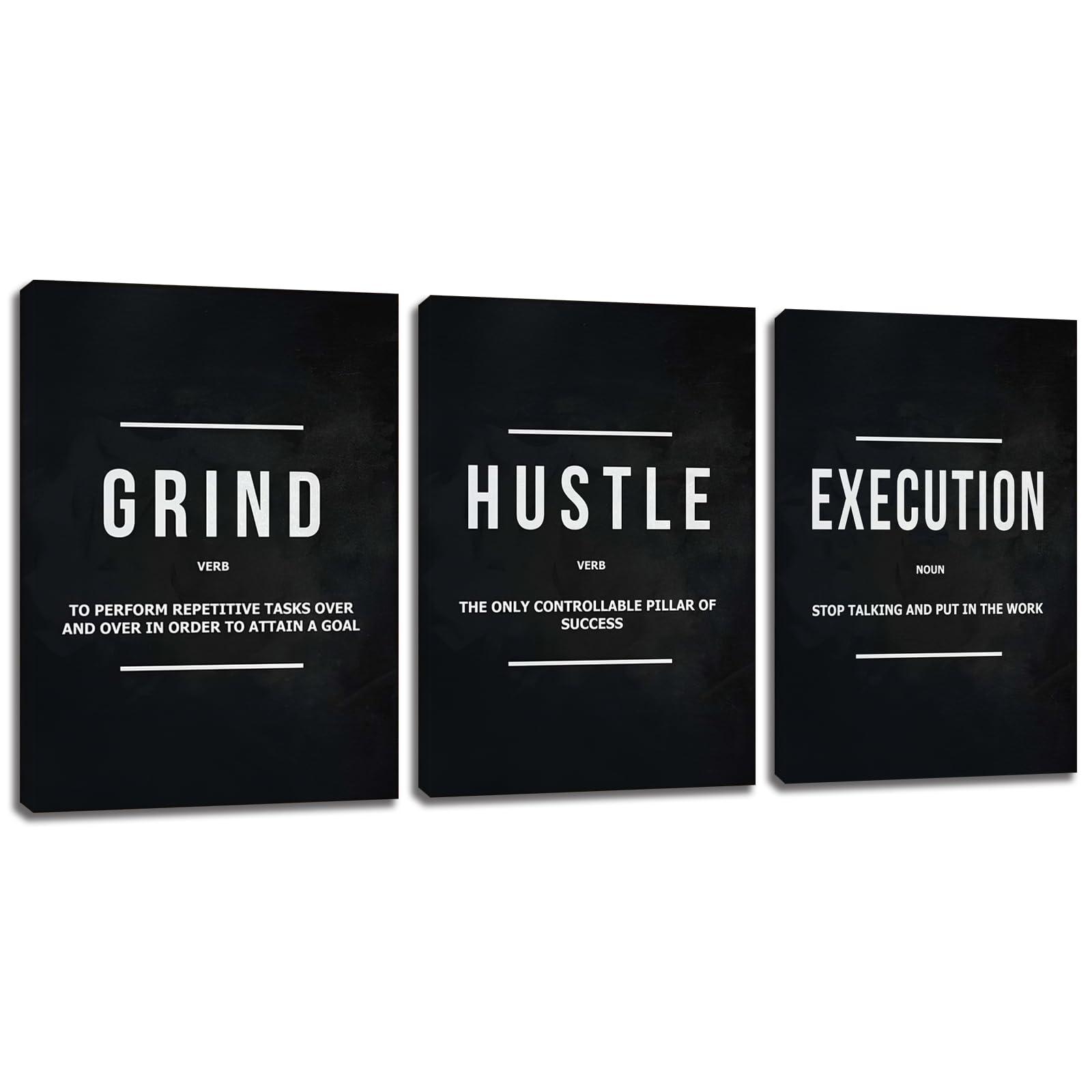 Motivational Office Wall Decor Inspirational Success Canvas Wall Art Hustle Posters Prints Entrepreneur Quote Wall Picture Paintings 3 Pieces Artwork Home Bedroom Framed Easy to Hang(36”Wx16”H)