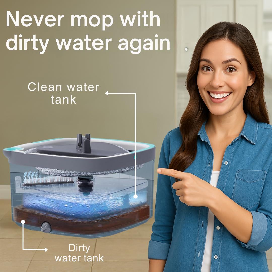TRUE & TIDY Square Spin Mop & Bucket System – Dual Chamber for Clean & Dirty Water, 360° Rotating Self-Wringing Mop with Built-in Scrub Brush, Stainless Steel Handle & 2 Reusable Microfiber Mop Pads - Image 3