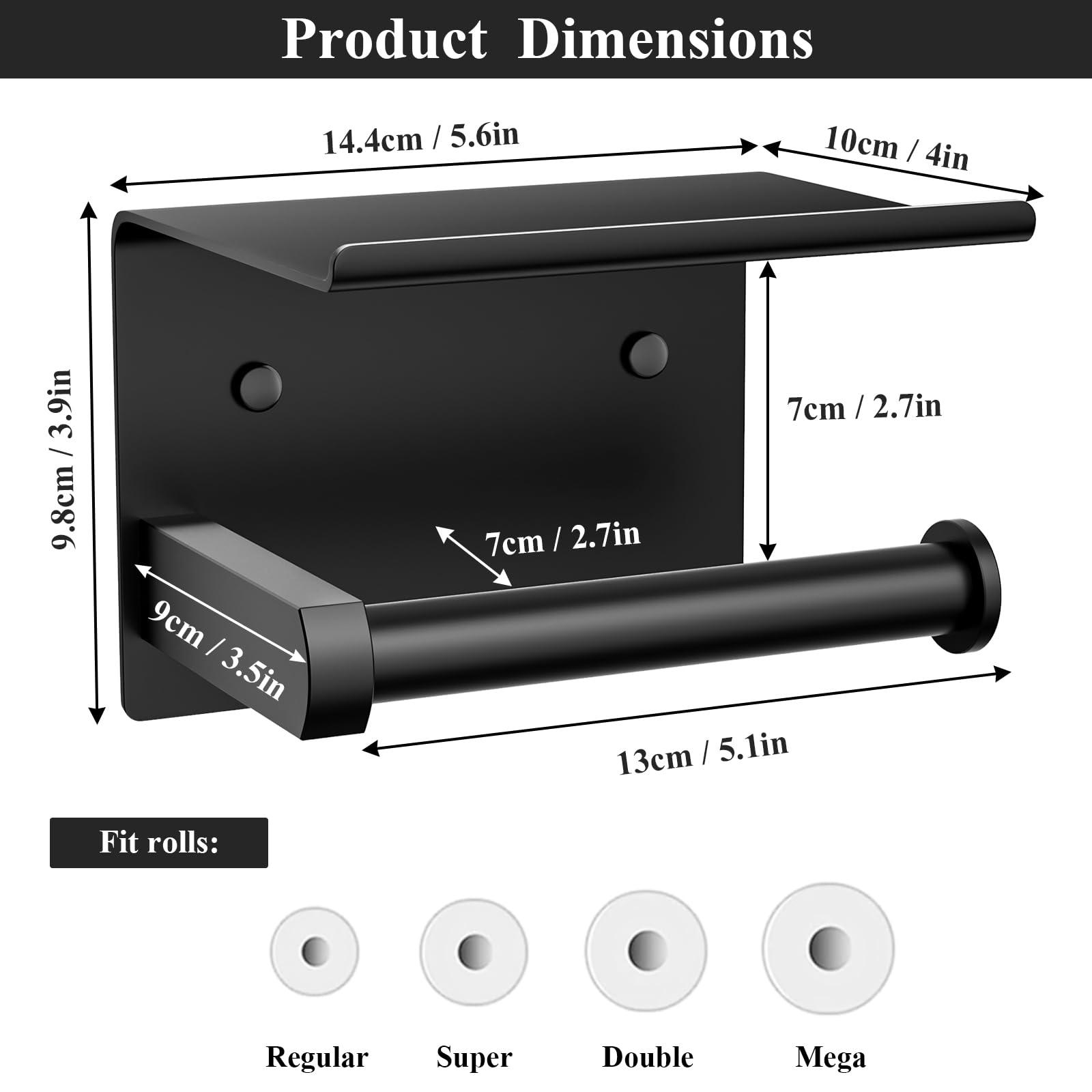 Tindbea Toilet Paper Holder with Phone Shelf, Adhesive or Screw Wall Mount Toilet Tissue Roll Holder, Rustproof & Multifunctional Stainless Steel Bathroom Storage Dispenser (Matte Black) - Image 3