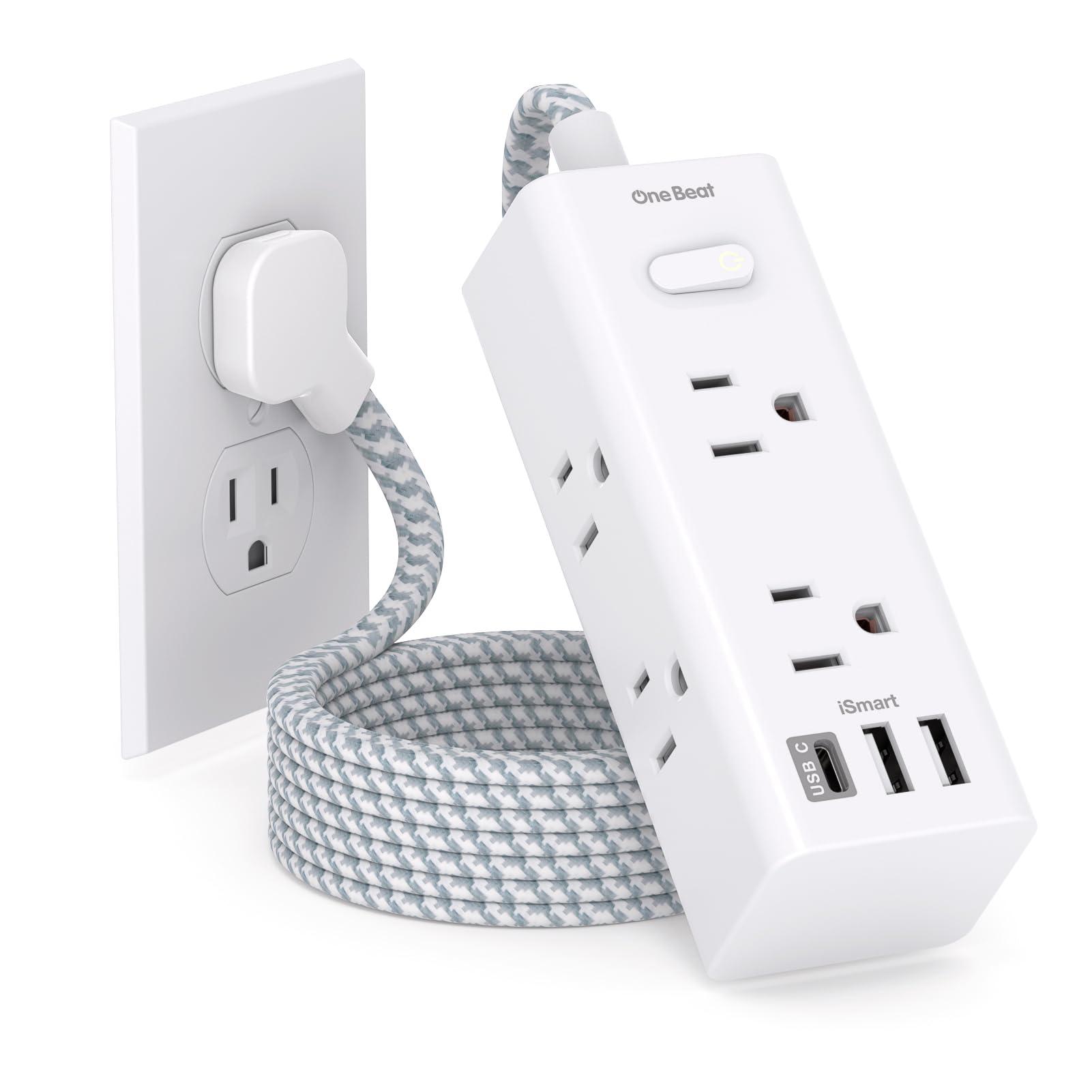 10 Ft Power Strip Surge Protector - One Beat 6 Widely Outlets with 3 USB Ports(1 USB C), 3 Sided Outlet Extender, Flat Plug Extension Cord, Wall Mount Power Strip for Home Office Travel College Dorm