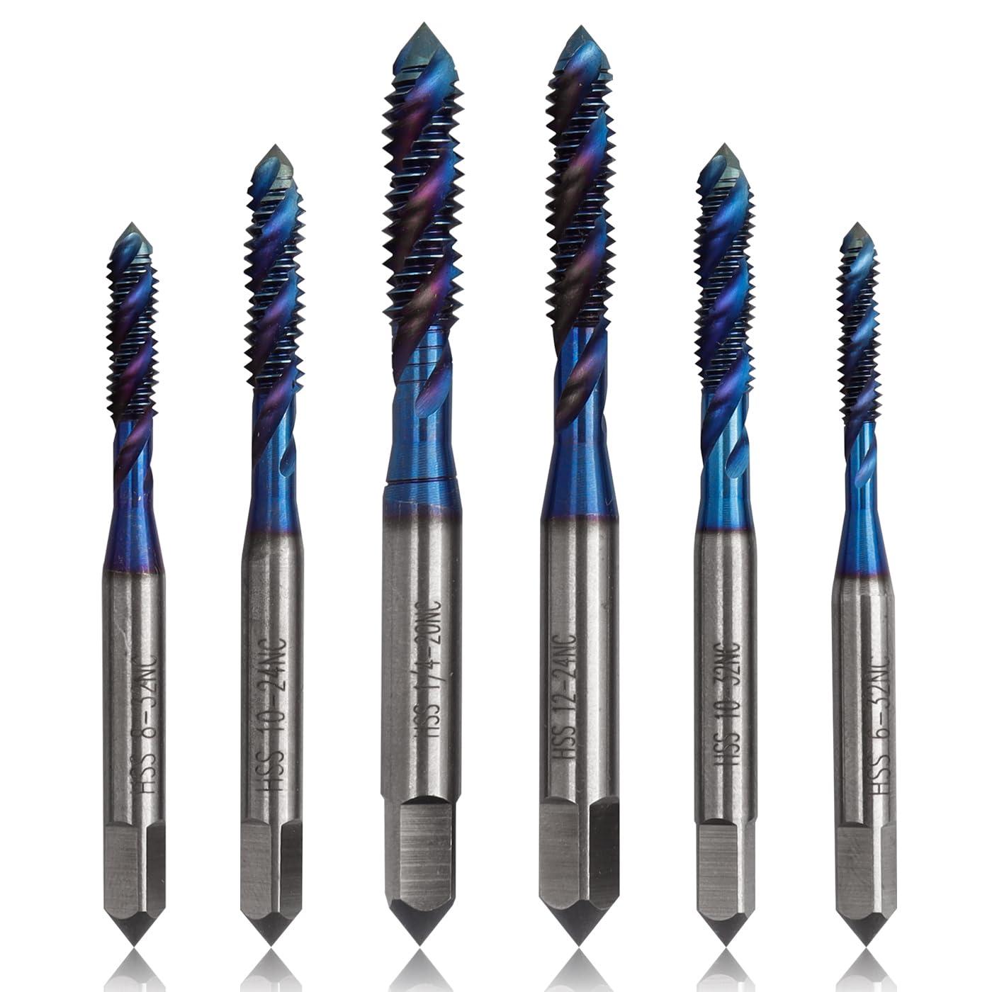 Mesee 6 Pieces Spiral Flute Tap Set SAE Size Nano Blue Coated HSS Machine Screw Taps 6-32NC 8-32NC 10-24NC 10-32NC 12-24NC 1/4-20NC Screw Threading Tap Drill Bits Thread Tapping Tool