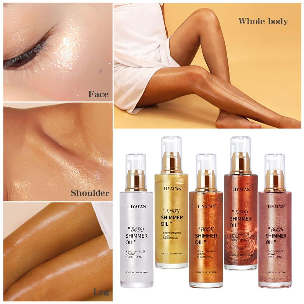 Liyalan Shimmer Body Oil Bronze Gold 5 Color Bronze 3.38 Fl Oz Face Glow Pearl Highlighter Illuminator body Makeup Shine Glitter Gold Liquid Taning - Image 3