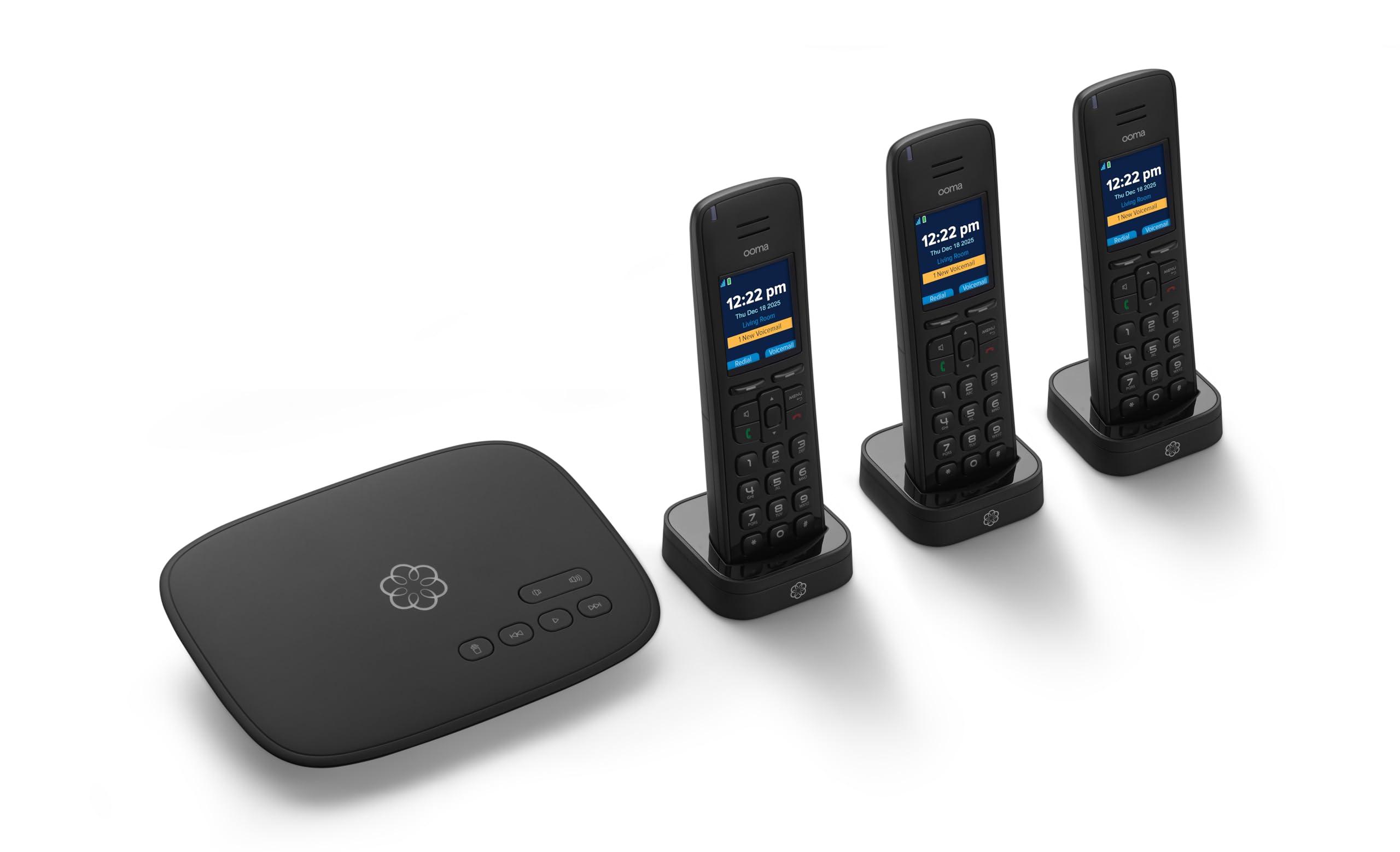 Ooma Telo VoIP with 3 HD3 Handsets Complete Home Phone System for Unlimited Nationwide Calling, Mobile App Access, and Robocall Blocking Affordable Landline Replacement