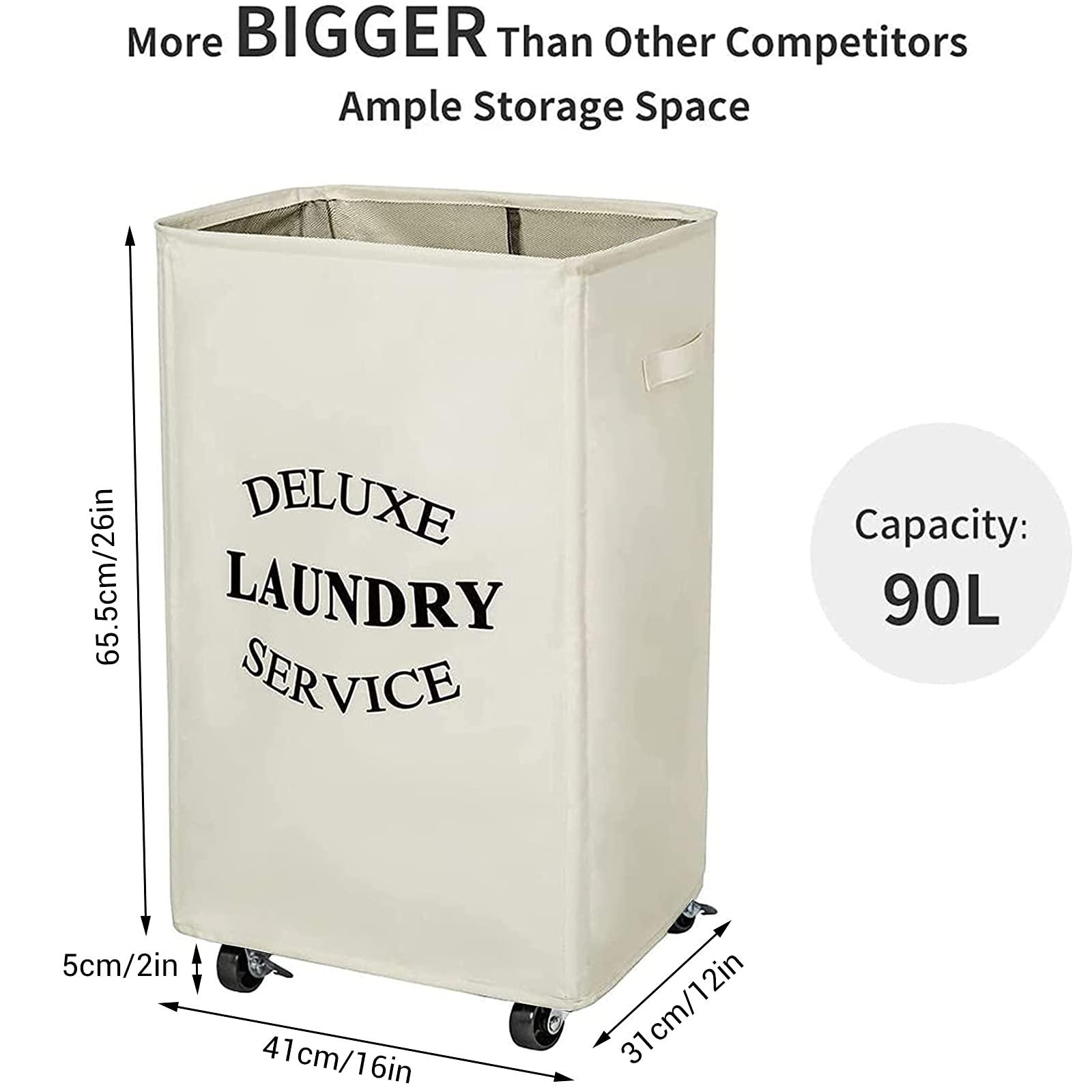 WOWLIVE Large Rolling Laundry Basket Wheels 90L Collapsible Tall Laundry Hamper Handle Foldable Dirty Clothing Basket Fold up Rectangular Hampers for Laundry Dorm Room (Beige) - Image 3