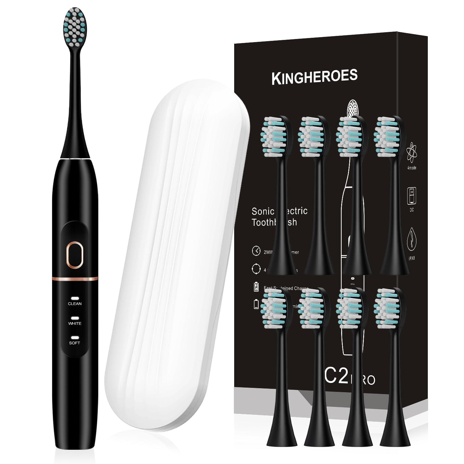 kingheroes Electric Toothbrush Set, Comes with 8 Brush Heads & Travel Case,4 Modes with 2 Minutes Built in Smart Timer, One Charge for 60 Days, 42000 VPM Motor (Black) - Image 1