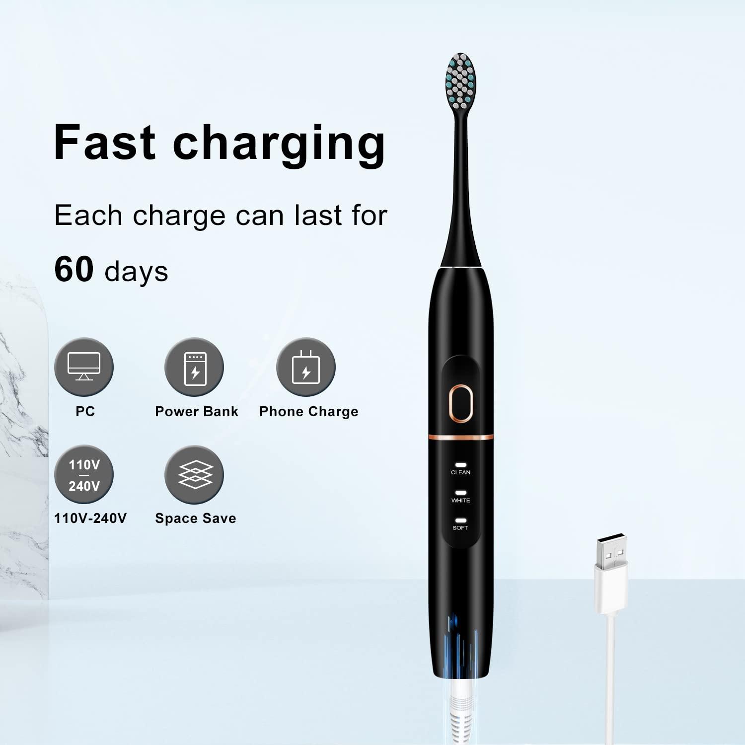 kingheroes Electric Toothbrush Set, Comes with 8 Brush Heads & Travel Case,4 Modes with 2 Minutes Built in Smart Timer, One Charge for 60 Days, 42000 VPM Motor (Black) - Image 6