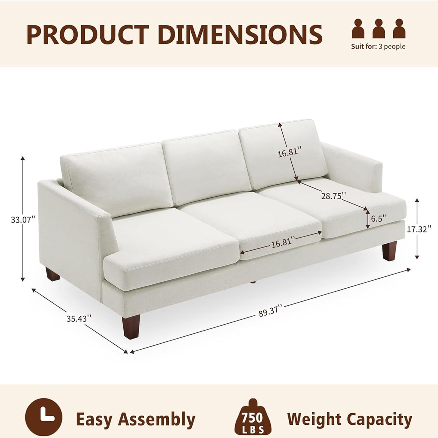 Busaurus 3 Seater Sofa Couch with Deep Seats, 89" Mid Century Modern Upholstered Sofa with Armrests, Comfy Couches for Living Room, Bedroom, Apartment and Office (Beige) - Image 2