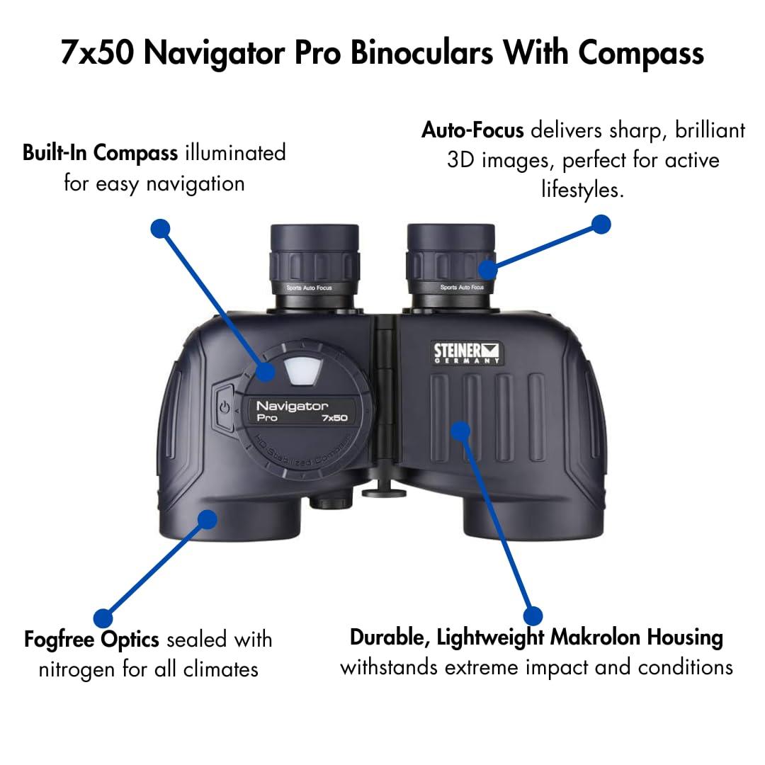 Steiner 7x50 Navigator Pro Binoculars with 7X Magnification, High Contrast Optics, Floating Prism System, Sports-Auto Focus, Delivers Excellent Image Clarity, with Compass - Image 2