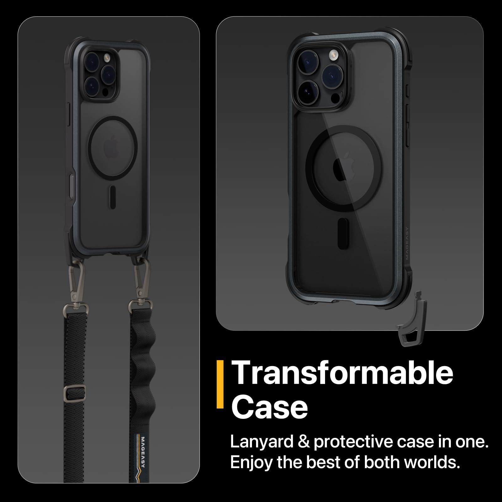MAGEASY Designed for iPhone 16 Case with Strap - 20ft Ultimate Drop Protection Compatible with MagSafe, Transformable Protective & Lanyard Case, Vegan Leather Frame | Odyssey Strap M (Leather Black) - Image 4